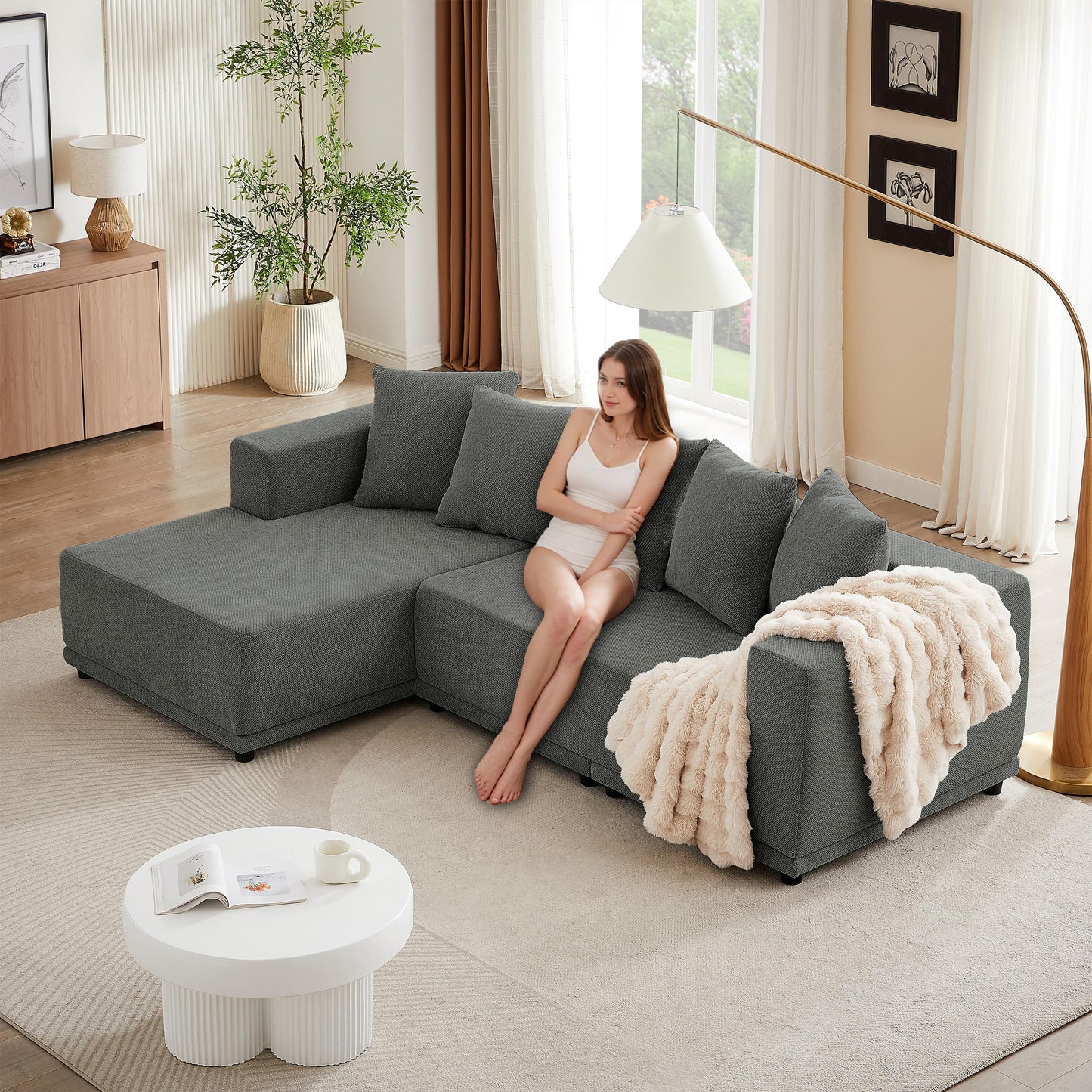 Sectional Modular Sofa Couch Bed PUG258Y: 105" Boneless 5 Seater Sectional Cloud Couch Convertible Modern Sofa Couch Bed for Living Bed Room, Office, Apartment (L - L Shaped Couch, Gray)