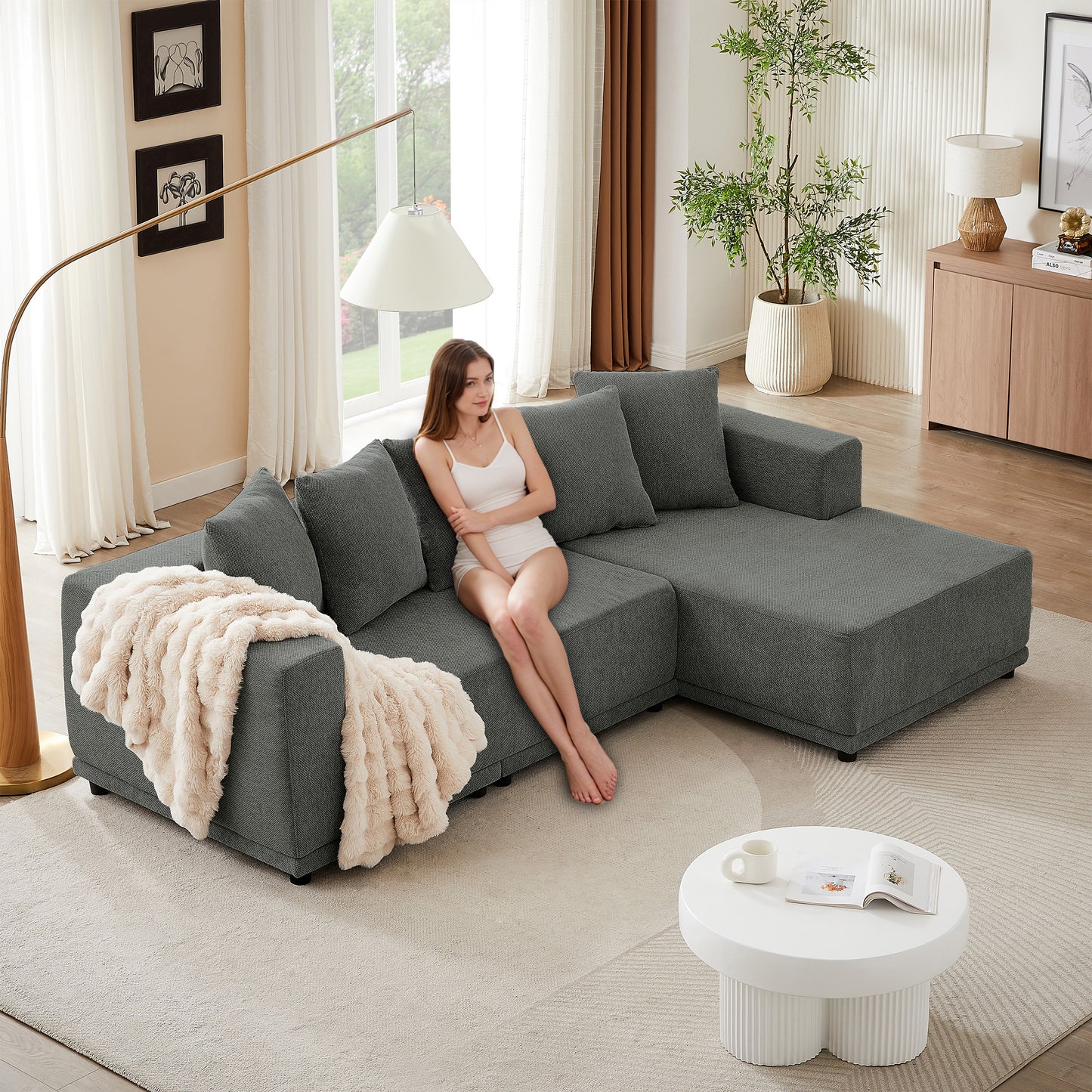 Sectional Modular Sofa Couch Bed PUG258Y: 105" Boneless 5 Seater Sectional Cloud Couch Convertible Modern Sofa Couch Bed for Living Bed Room, Office, Apartment (L - L Shaped Couch, Gray)