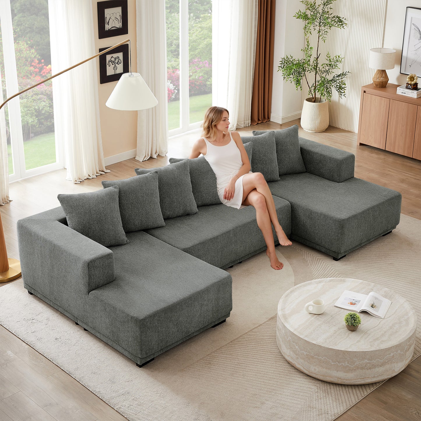 Sectional Modular Sofa Couch Bed PUG258Y: 128" Boneless 6 Seater Sectional Cloud Couch Convertible Modern Sofa Couch Bed for Living Bed Room, Office, Apartment (XL - U Shaped Couch, Gray)