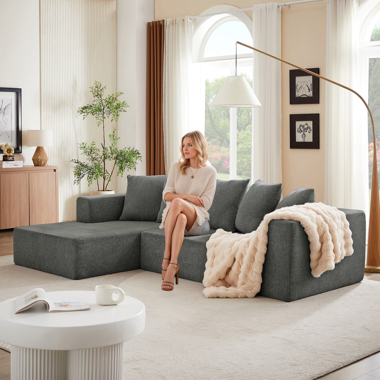 Sectional Modular Sofa Couch Bed PUG258Y: 105" Boneless 5 Seater Sectional Cloud Couch Convertible Modern Sofa Couch Bed for Living Bed Room, Office, Apartment (L - L Shaped Couch, Gray)