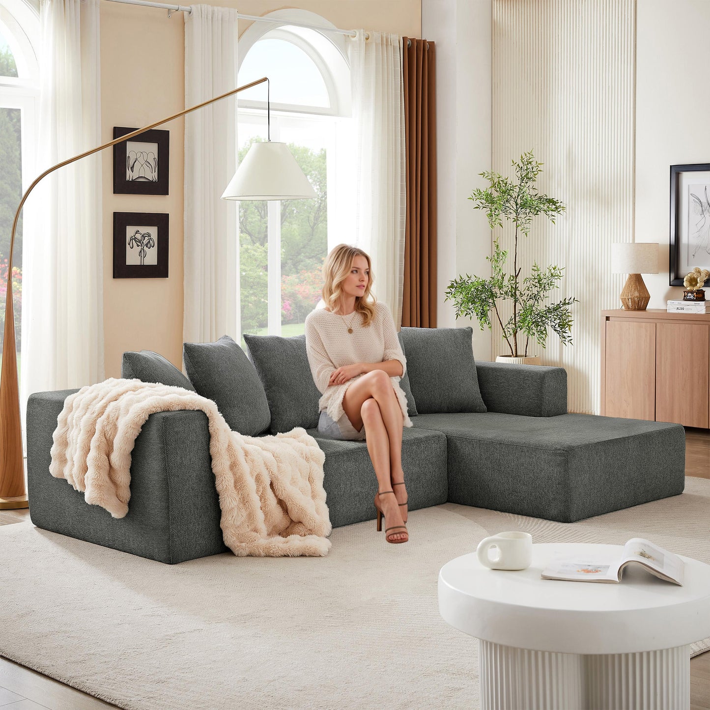 Sectional Modular Sofa Couch Bed PUG258Y: 105" Boneless 5 Seater Sectional Cloud Couch Convertible Modern Sofa Couch Bed for Living Bed Room, Office, Apartment (L - L Shaped Couch, Gray)