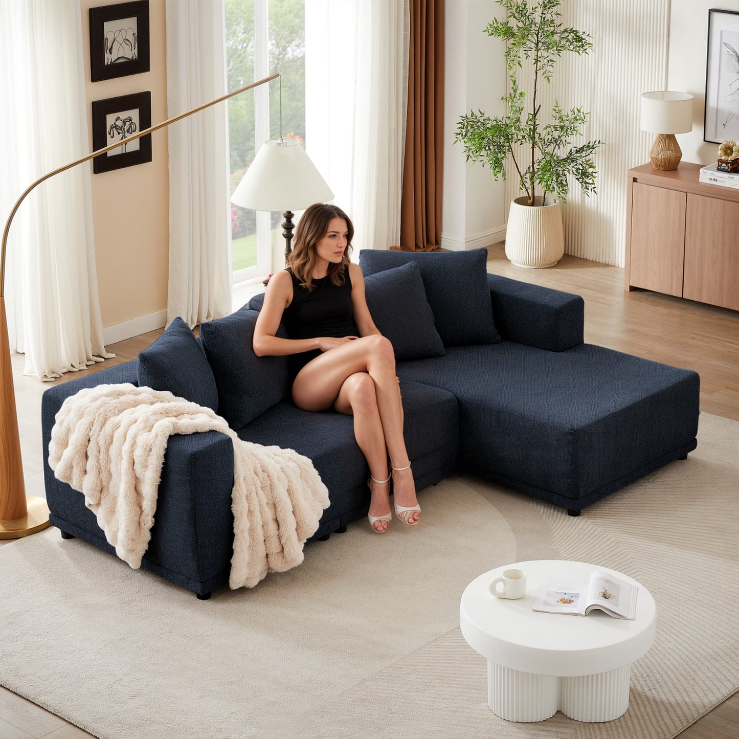 Sectional Modular Sofa Couch Bed PUG258Y: 105" Boneless 5 Seater Sectional Cloud Couch Convertible Modern Sofa Couch Bed for Living Bed Room, Office, Apartment (L - L Shaped Couch, Navy Blue)