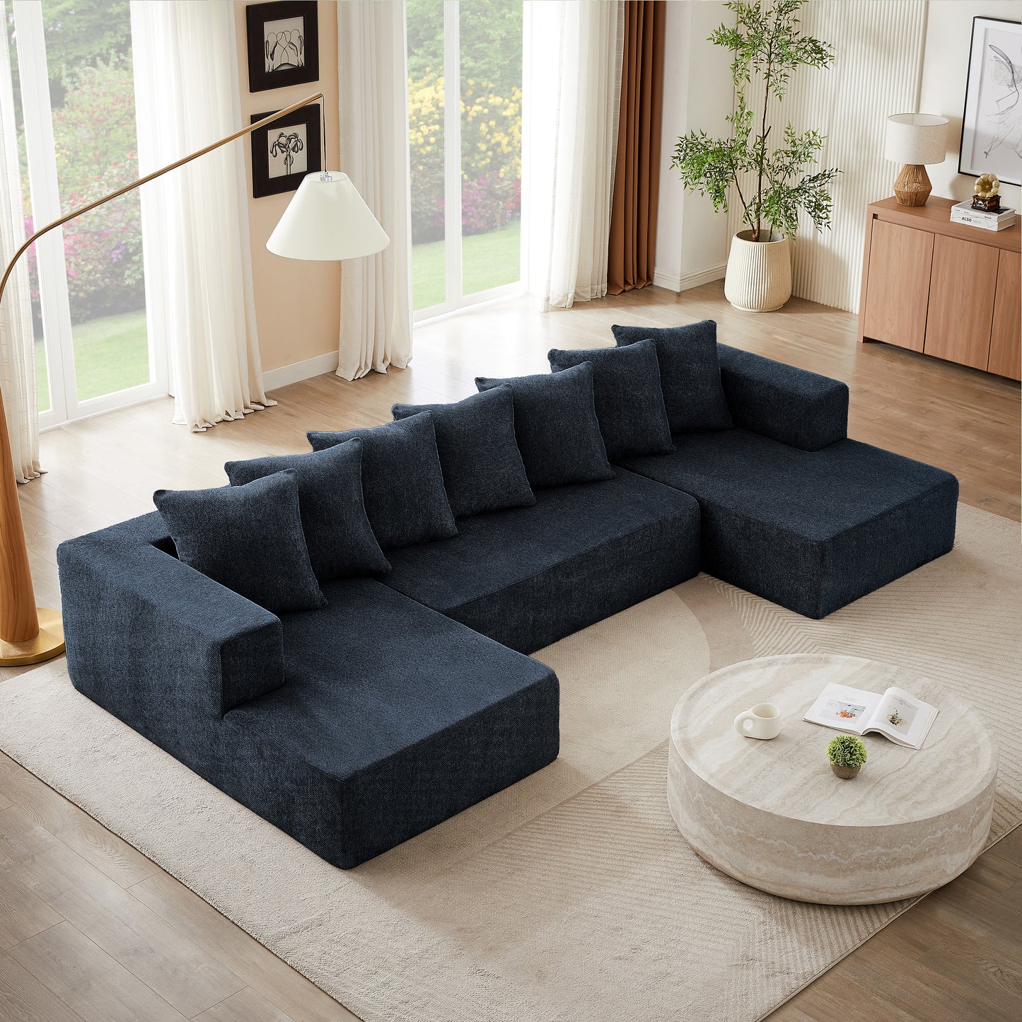 Sectional Modular Sofa Couch Bed PUG258Y: 128" Boneless 6 Seater Sectional Cloud Couch Convertible Modern Sofa Couch Bed for Living Bed Room, Office, Apartment (XL - U Shaped Couch, Navy Blue)