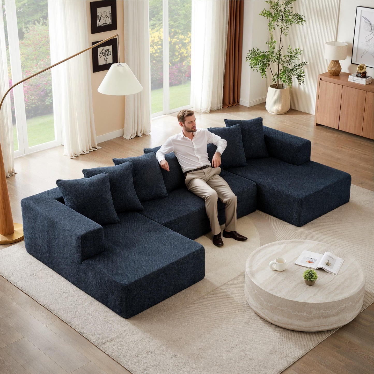 Sectional Modular Sofa Couch Bed PUG258Y: 128" Boneless 6 Seater Sectional Cloud Couch Convertible Modern Sofa Couch Bed for Living Bed Room, Office, Apartment (XL - U Shaped Couch, Navy Blue)