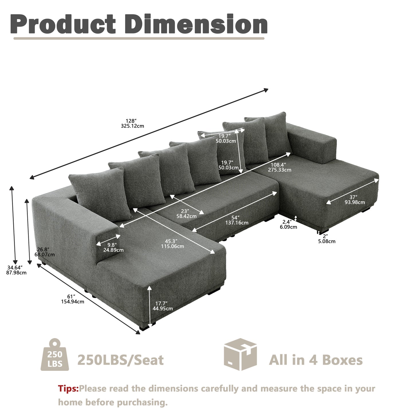 Sectional Modular Sofa Couch Bed PUG258Y: 128" Boneless 6 Seater Sectional Cloud Couch Convertible Modern Sofa Couch Bed for Living Bed Room, Office, Apartment (XL - U Shaped Couch, Gray)