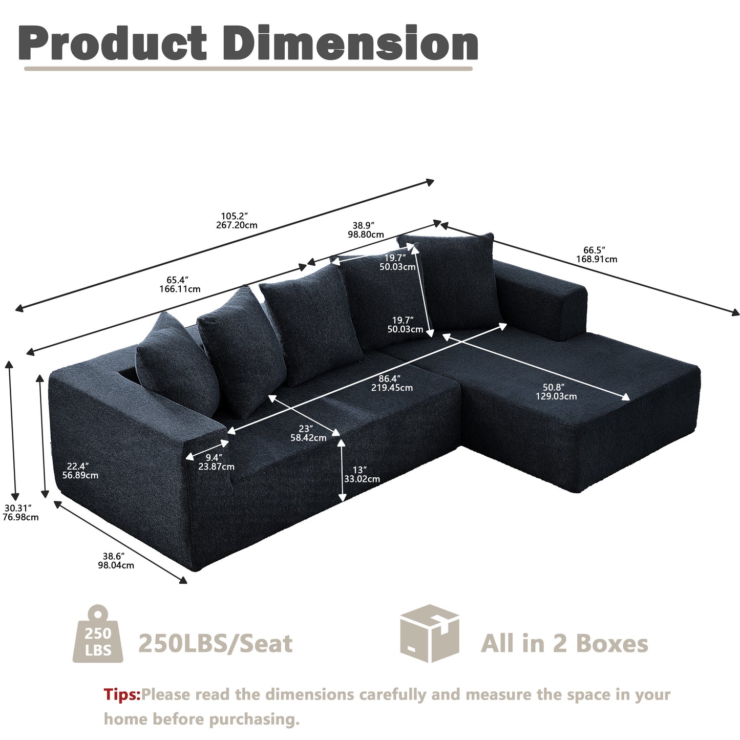 Sectional Modular Sofa Couch Bed PUG258Y: 105" Boneless 5 Seater Sectional Cloud Couch Convertible Modern Sofa Couch Bed for Living Bed Room, Office, Apartment (L - L Shaped Couch, Navy Blue)