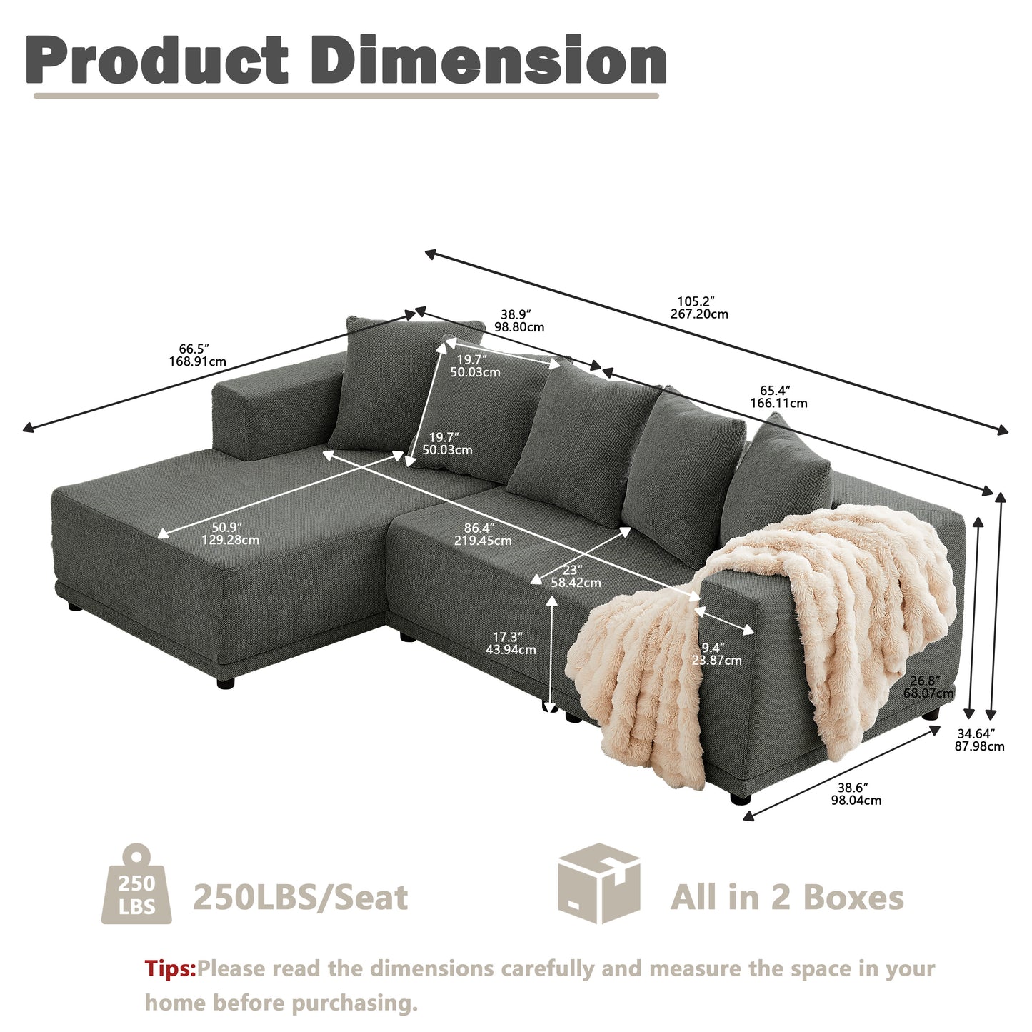 Sectional Modular Sofa Couch Bed PUG258Y: 105" Boneless 5 Seater Sectional Cloud Couch Convertible Modern Sofa Couch Bed for Living Bed Room, Office, Apartment (L - L Shaped Couch, Gray)