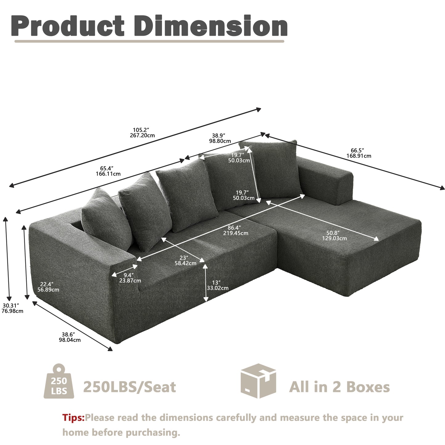 Sectional Modular Sofa Couch Bed PUG258Y: 105" Boneless 5 Seater Sectional Cloud Couch Convertible Modern Sofa Couch Bed for Living Bed Room, Office, Apartment (L - L Shaped Couch, Gray)