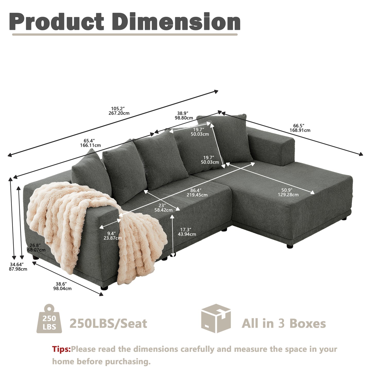 Sectional Modular Sofa Couch Bed PUG258Y: 105" Boneless 5 Seater Sectional Cloud Couch Convertible Modern Sofa Couch Bed for Living Bed Room, Office, Apartment (L - L Shaped Couch, Gray)