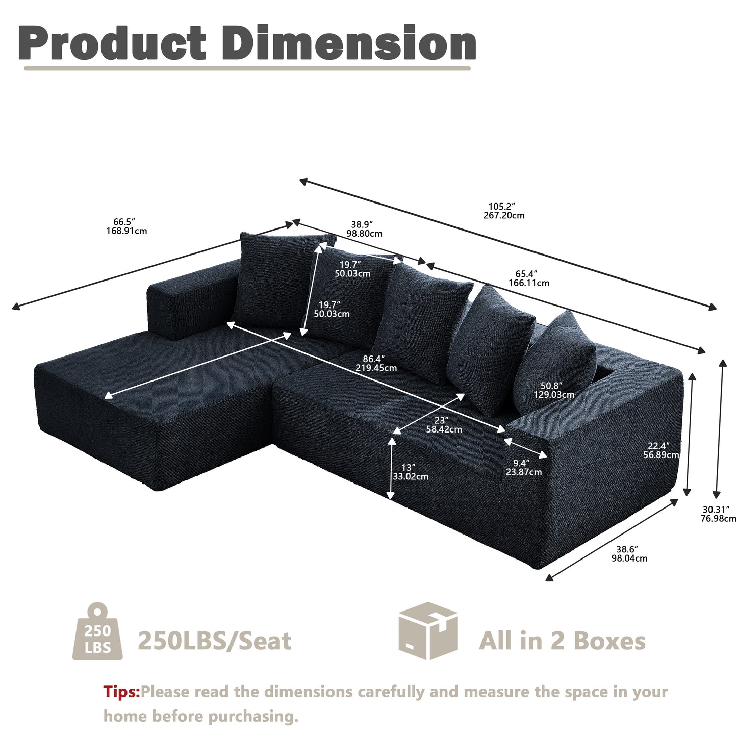 Sectional Modular Sofa Couch Bed PUG258Y: 105" Boneless 5 Seater Sectional Cloud Couch Convertible Modern Sofa Couch Bed for Living Bed Room, Office, Apartment (L - L Shaped Couch, Navy Blue)