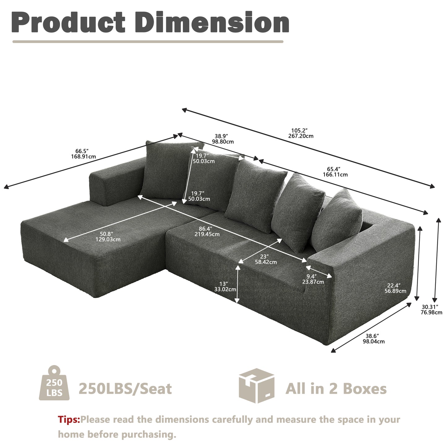 Sectional Modular Sofa Couch Bed PUG258Y: 105" Boneless 5 Seater Sectional Cloud Couch Convertible Modern Sofa Couch Bed for Living Bed Room, Office, Apartment (L - L Shaped Couch, Gray)