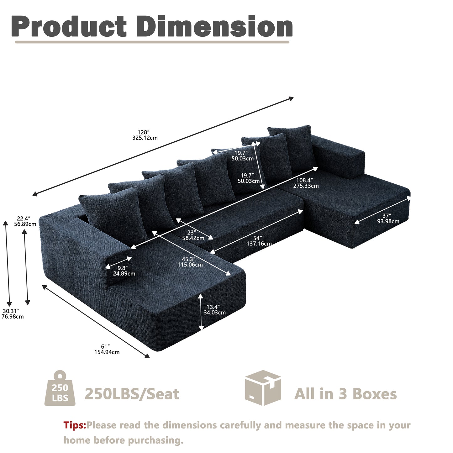 Sectional Modular Sofa Couch Bed PUG258Y: 128" Boneless 6 Seater Sectional Cloud Couch Convertible Modern Sofa Couch Bed for Living Bed Room, Office, Apartment (XL - U Shaped Couch, Navy Blue)