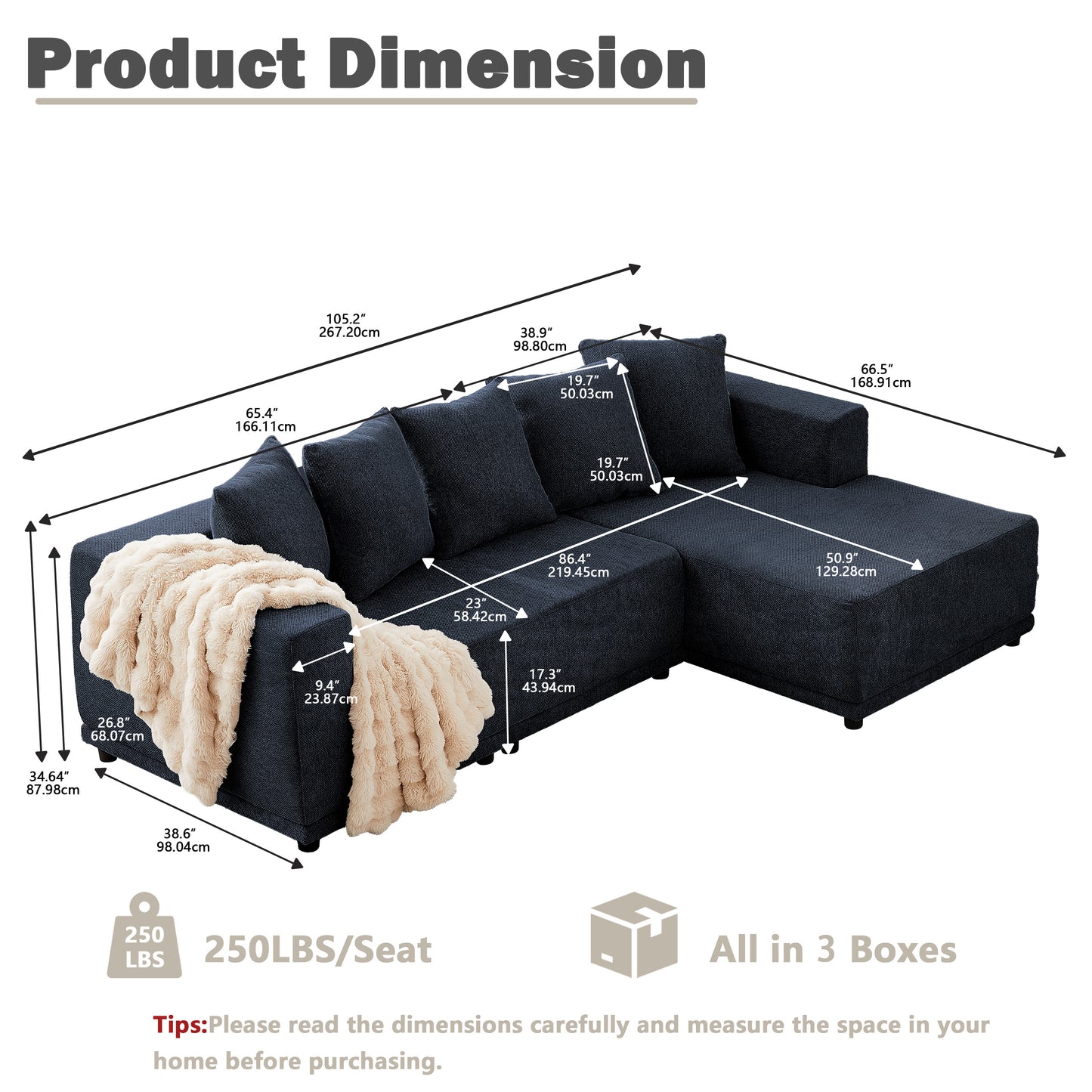 Sectional Modular Sofa Couch Bed PUG258Y: 105" Boneless 5 Seater Sectional Cloud Couch Convertible Modern Sofa Couch Bed for Living Bed Room, Office, Apartment (L - L Shaped Couch, Navy Blue)