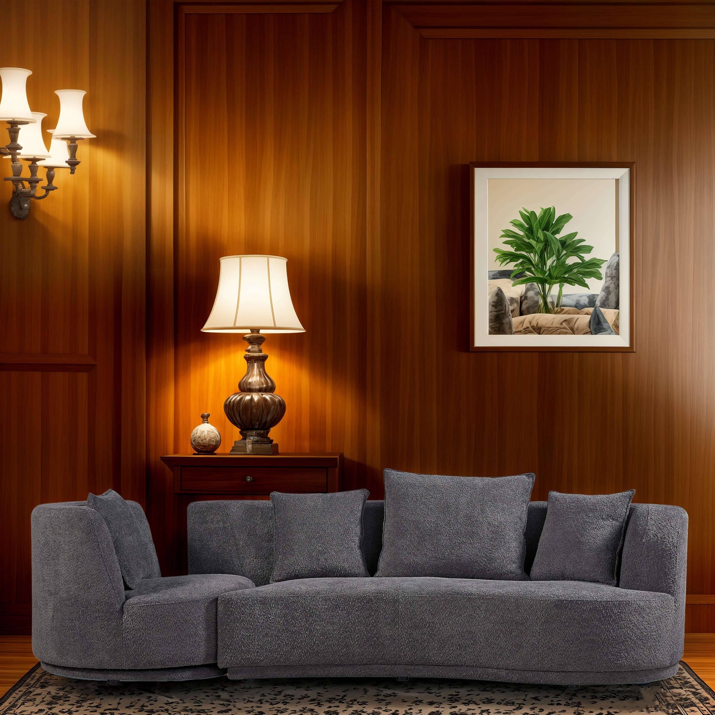 PUG258Y Sectional Sofa Couch with Luxury Teddy Fleece ,3 Seater , Armchair Swivel 360 Degree - Grey