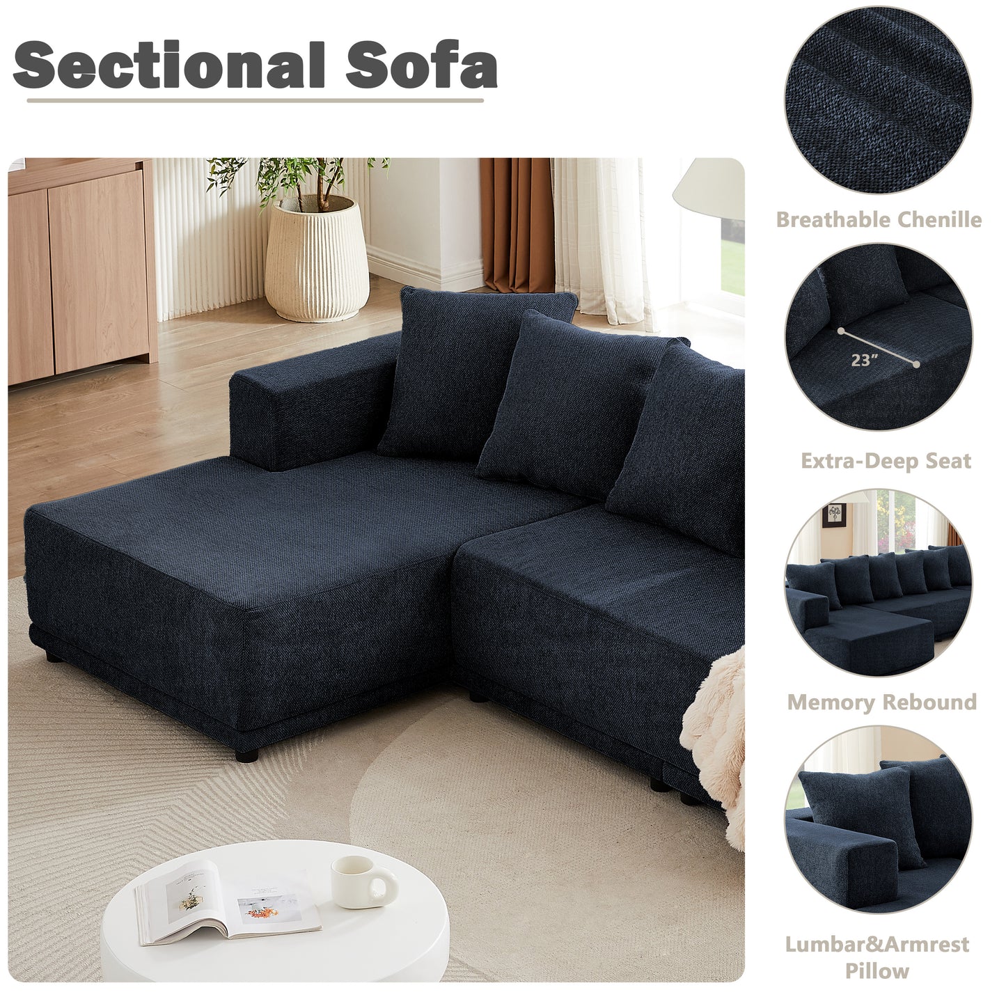 Sectional Modular Sofa Couch Bed PUG258Y: 105" Boneless 5 Seater Sectional Cloud Couch Convertible Modern Sofa Couch Bed for Living Bed Room, Office, Apartment (L - L Shaped Couch, Navy Blue)