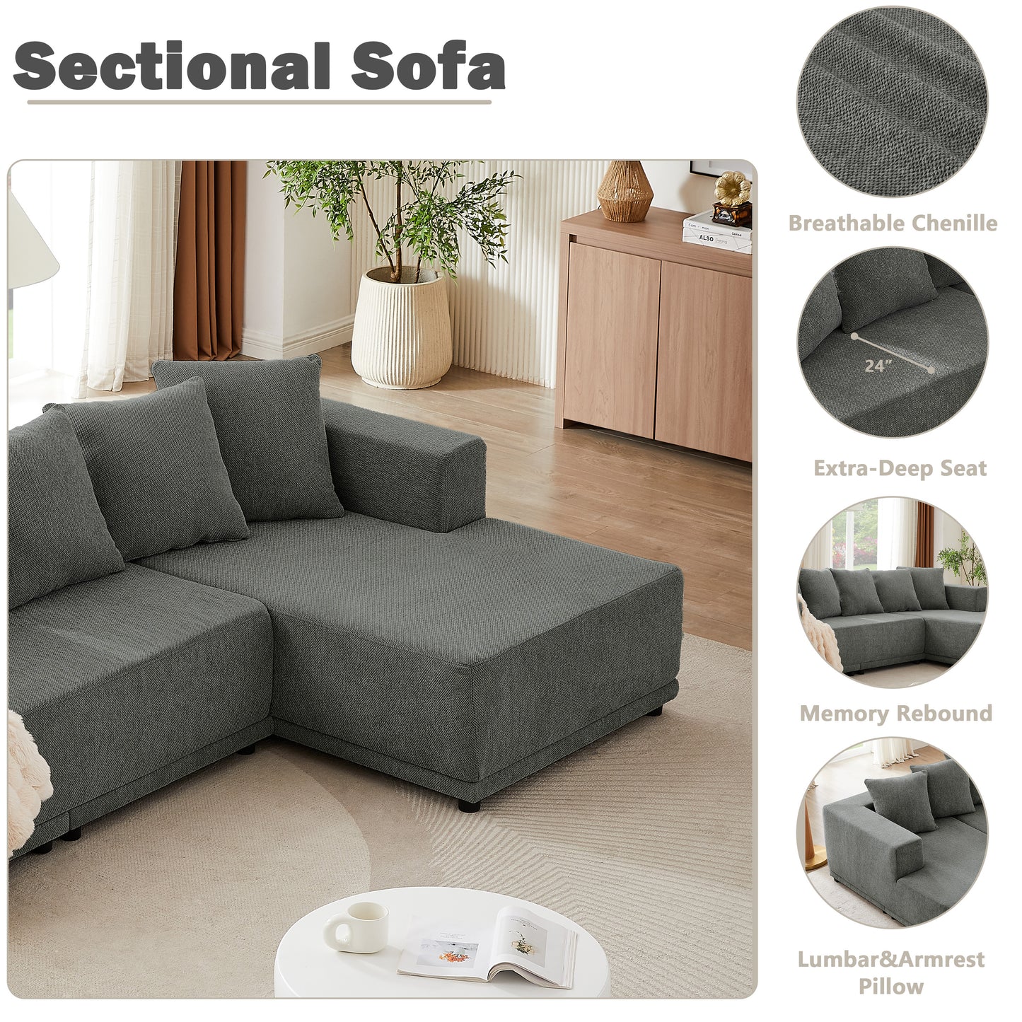 Sectional Modular Sofa Couch Bed PUG258Y: 128" Boneless 6 Seater Sectional Cloud Couch Convertible Modern Sofa Couch Bed for Living Bed Room, Office, Apartment (XL - U Shaped Couch, Gray)