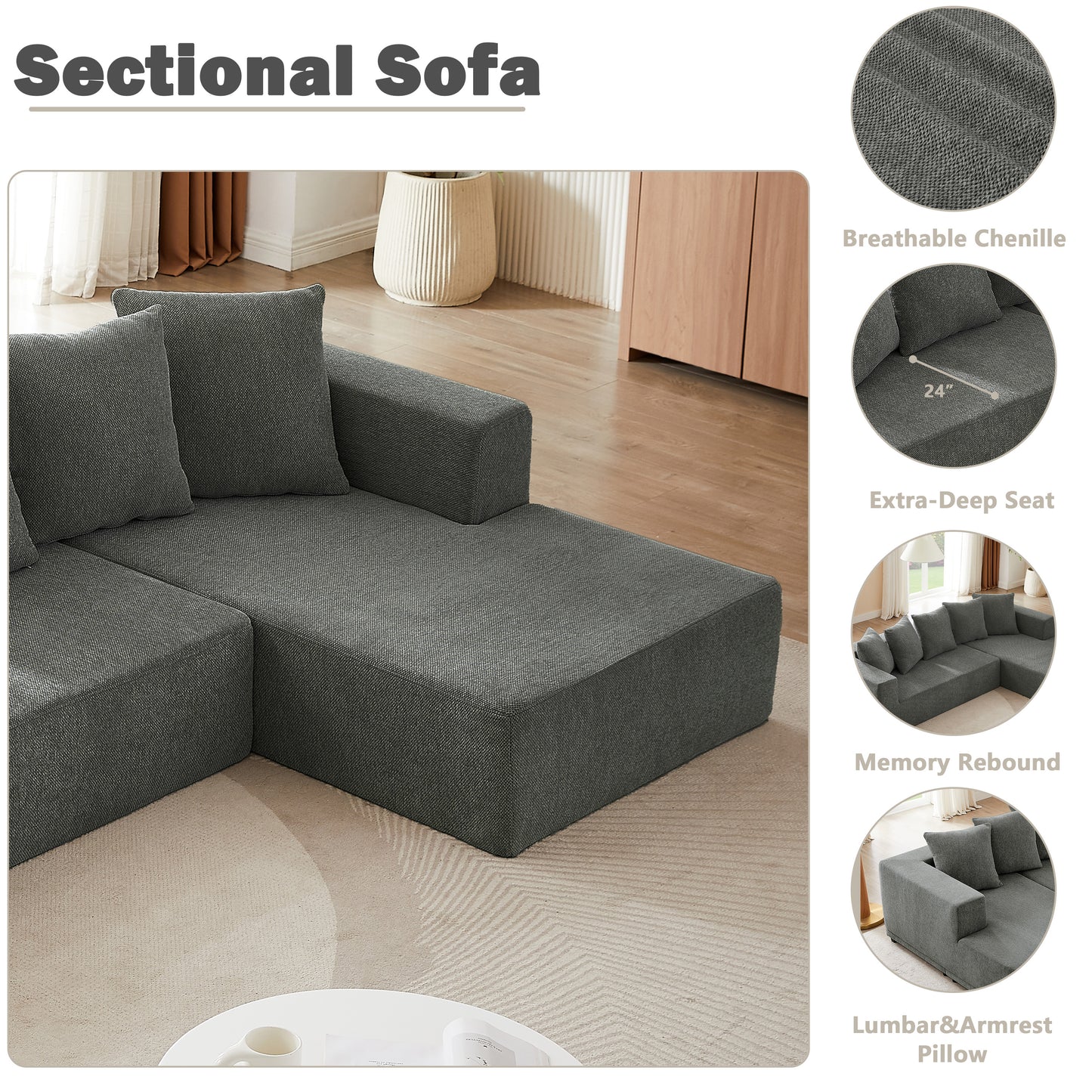 Sectional Modular Sofa Couch Bed PUG258Y: 105" Boneless 5 Seater Sectional Cloud Couch Convertible Modern Sofa Couch Bed for Living Bed Room, Office, Apartment (L - L Shaped Couch, Gray)