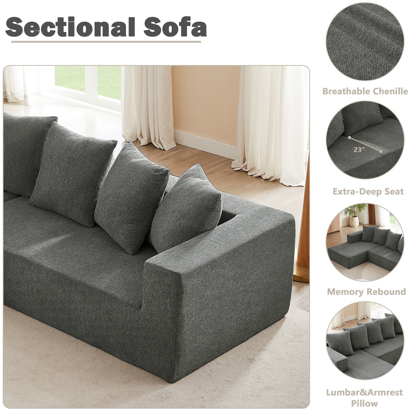 Sectional Modular Sofa Couch Bed PUG258Y: 105" Boneless 5 Seater Sectional Cloud Couch Convertible Modern Sofa Couch Bed for Living Bed Room, Office, Apartment (L - L Shaped Couch, Gray)