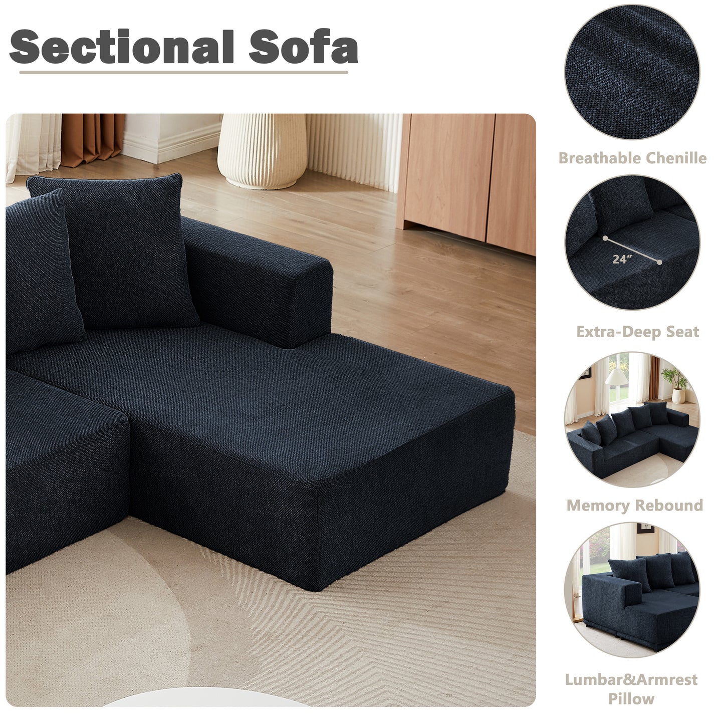 Sectional Modular Sofa Couch Bed PUG258Y: 105" Boneless 5 Seater Sectional Cloud Couch Convertible Modern Sofa Couch Bed for Living Bed Room, Office, Apartment (L - L Shaped Couch, Navy Blue)