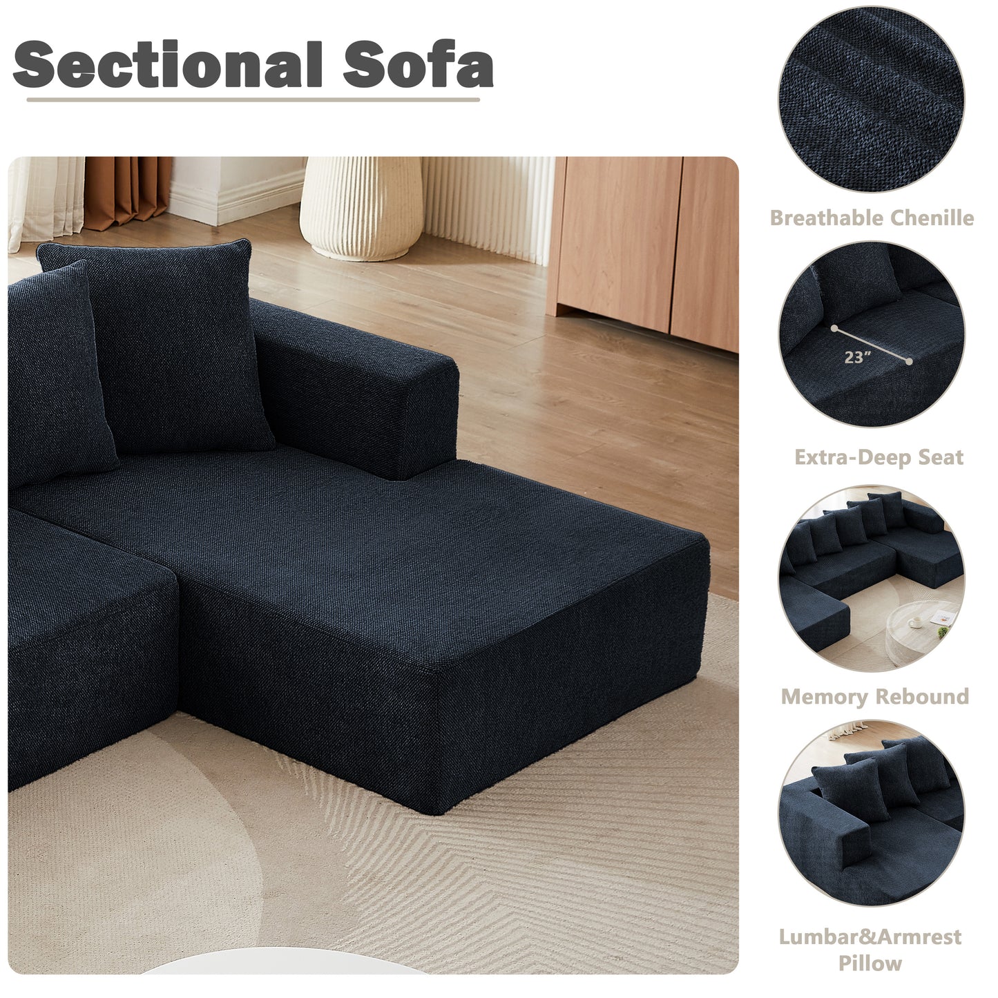 Sectional Modular Sofa Couch Bed PUG258Y: 128" Boneless 6 Seater Sectional Cloud Couch Convertible Modern Sofa Couch Bed for Living Bed Room, Office, Apartment (XL - U Shaped Couch, Navy Blue)