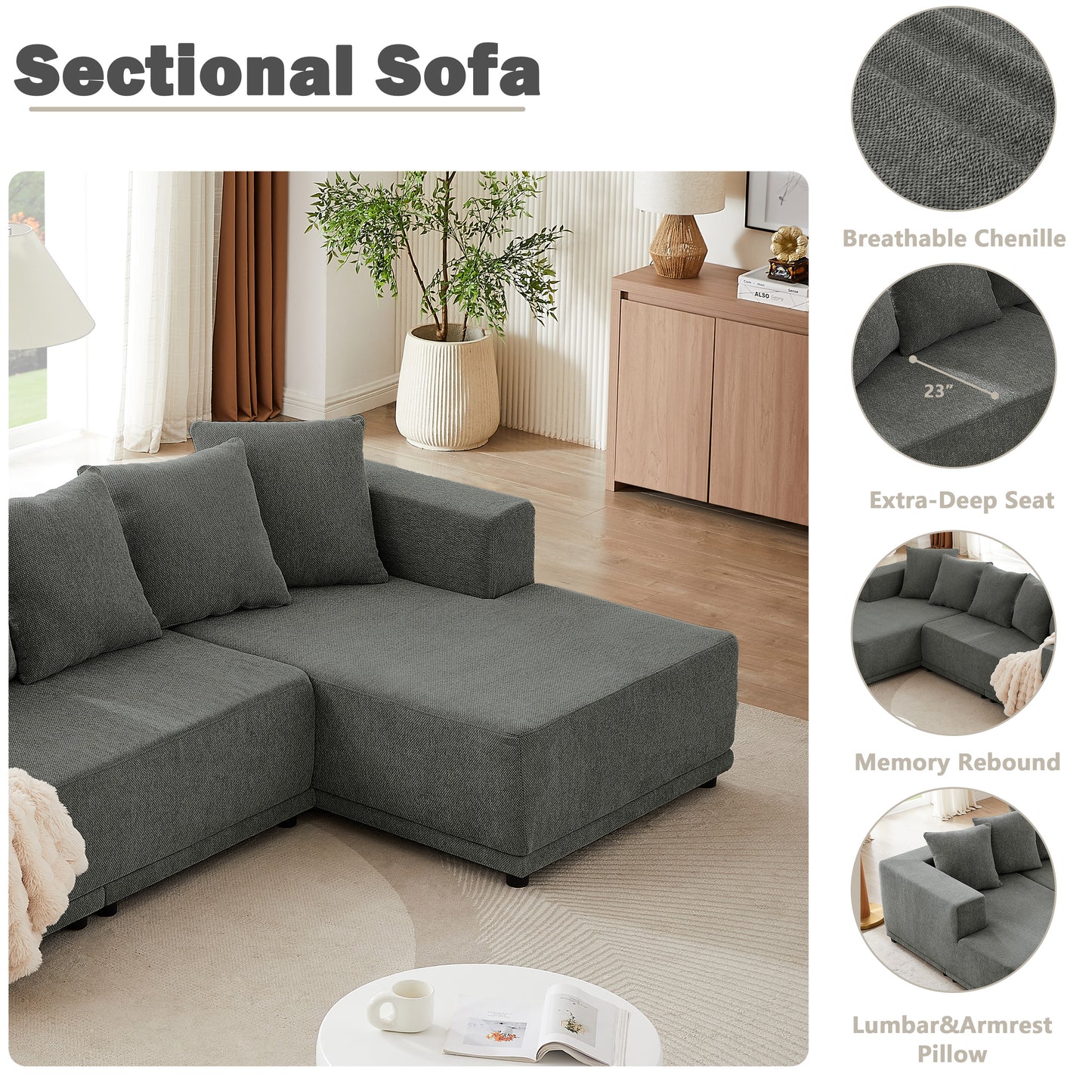 Sectional Modular Sofa Couch Bed PUG258Y: 105" Boneless 5 Seater Sectional Cloud Couch Convertible Modern Sofa Couch Bed for Living Bed Room, Office, Apartment (L - L Shaped Couch, Gray)