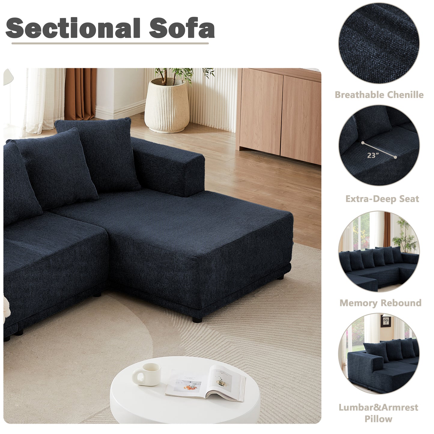 Sectional Modular Sofa Couch Bed PUG258Y: 105" Boneless 5 Seater Sectional Cloud Couch Convertible Modern Sofa Couch Bed for Living Bed Room, Office, Apartment (L - L Shaped Couch, Navy Blue)