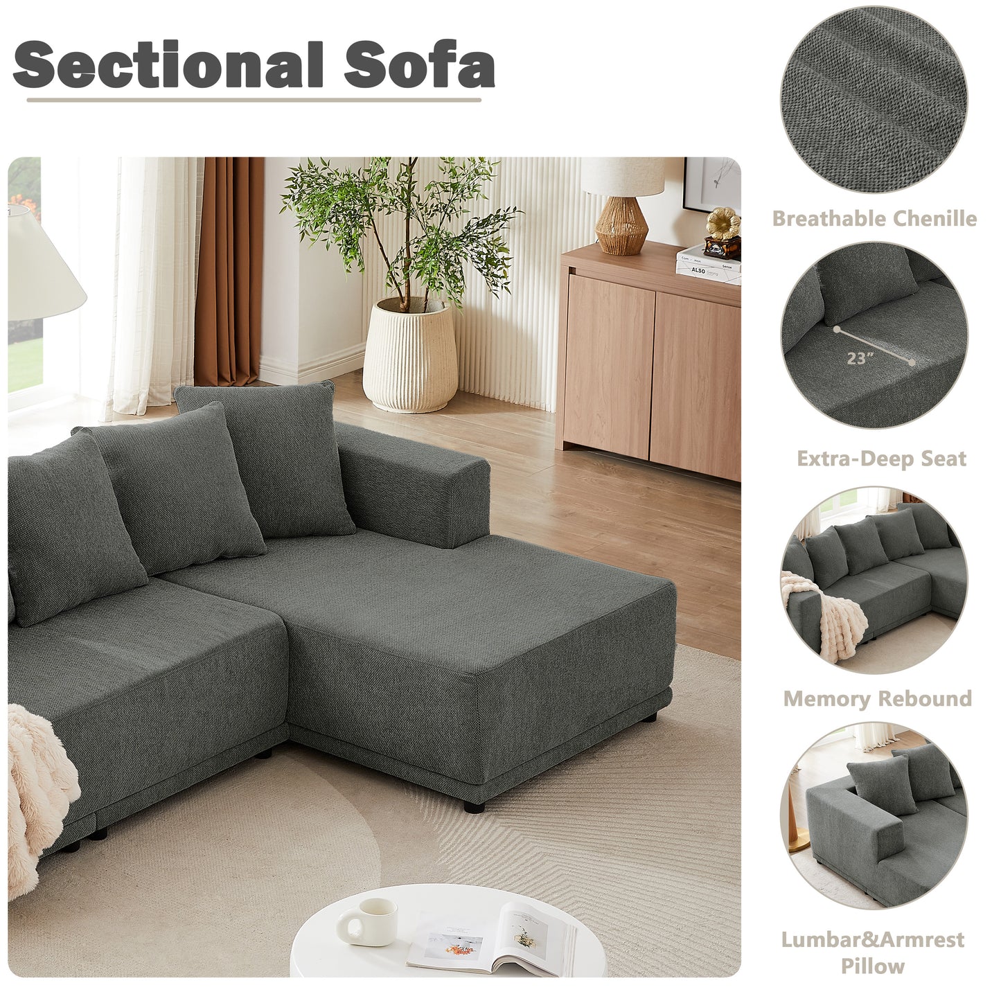 Sectional Modular Sofa Couch Bed PUG258Y: 105" Boneless 5 Seater Sectional Cloud Couch Convertible Modern Sofa Couch Bed for Living Bed Room, Office, Apartment (L - L Shaped Couch, Gray)