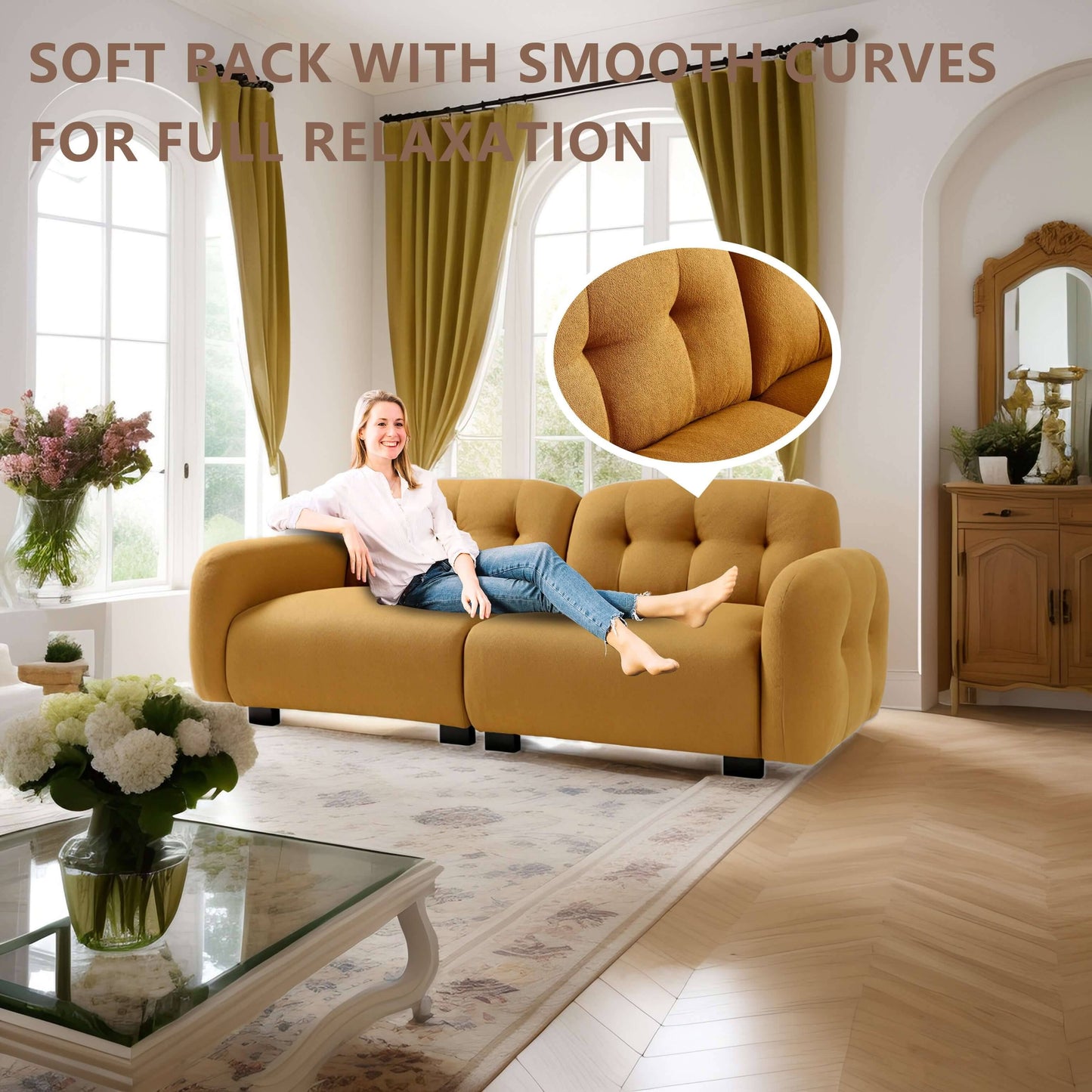 Loveseat Modern Sofa Couch: Mid-Century Sofa with Extra Deep Seats,81 Inch 2 Seater Sofa Couch for Living Room Apartment Lounge and Office, Dual Pillows, Teddy - Large COGNAC