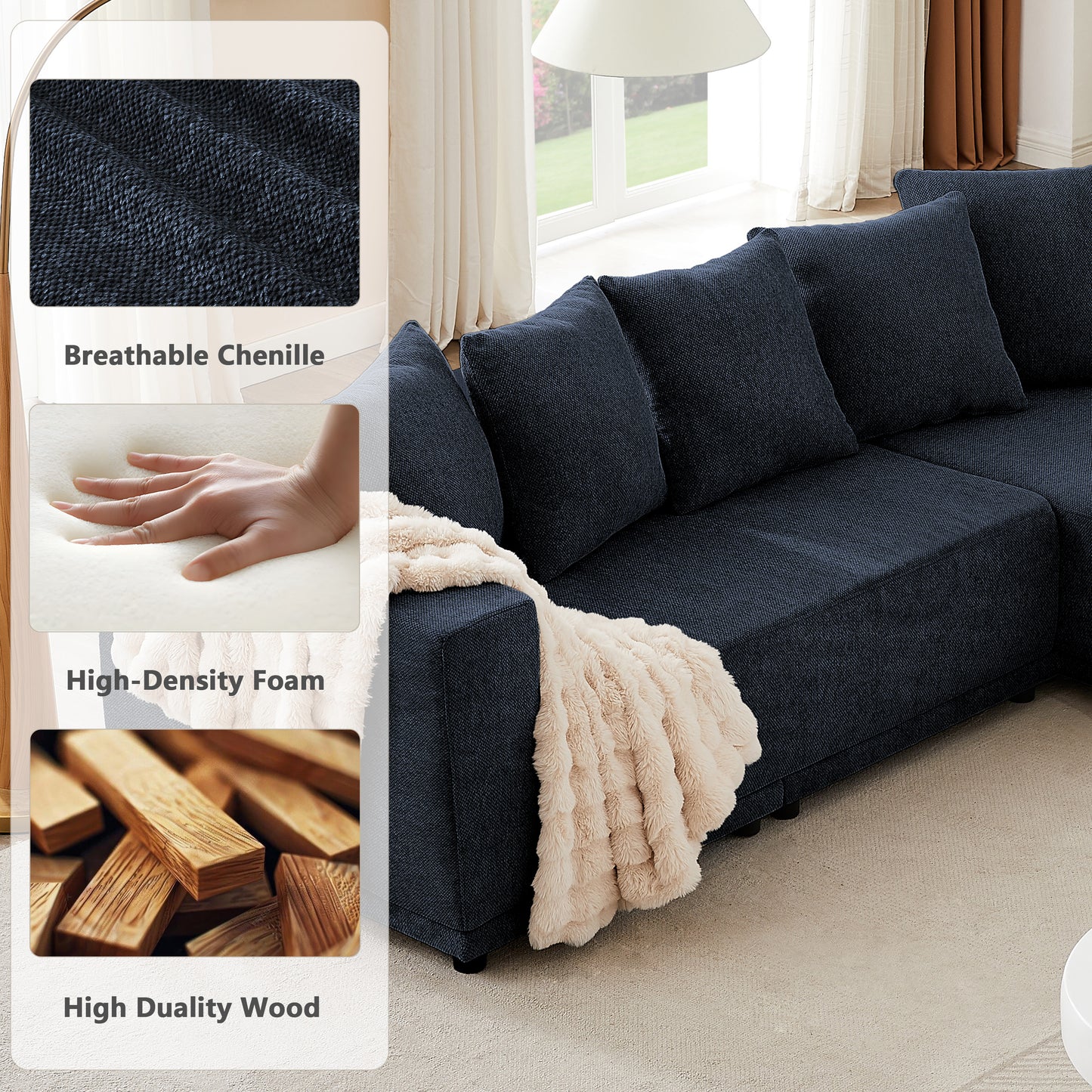 Sectional Modular Sofa Couch Bed PUG258Y: 105" Boneless 5 Seater Sectional Cloud Couch Convertible Modern Sofa Couch Bed for Living Bed Room, Office, Apartment (L - L Shaped Couch, Navy Blue)