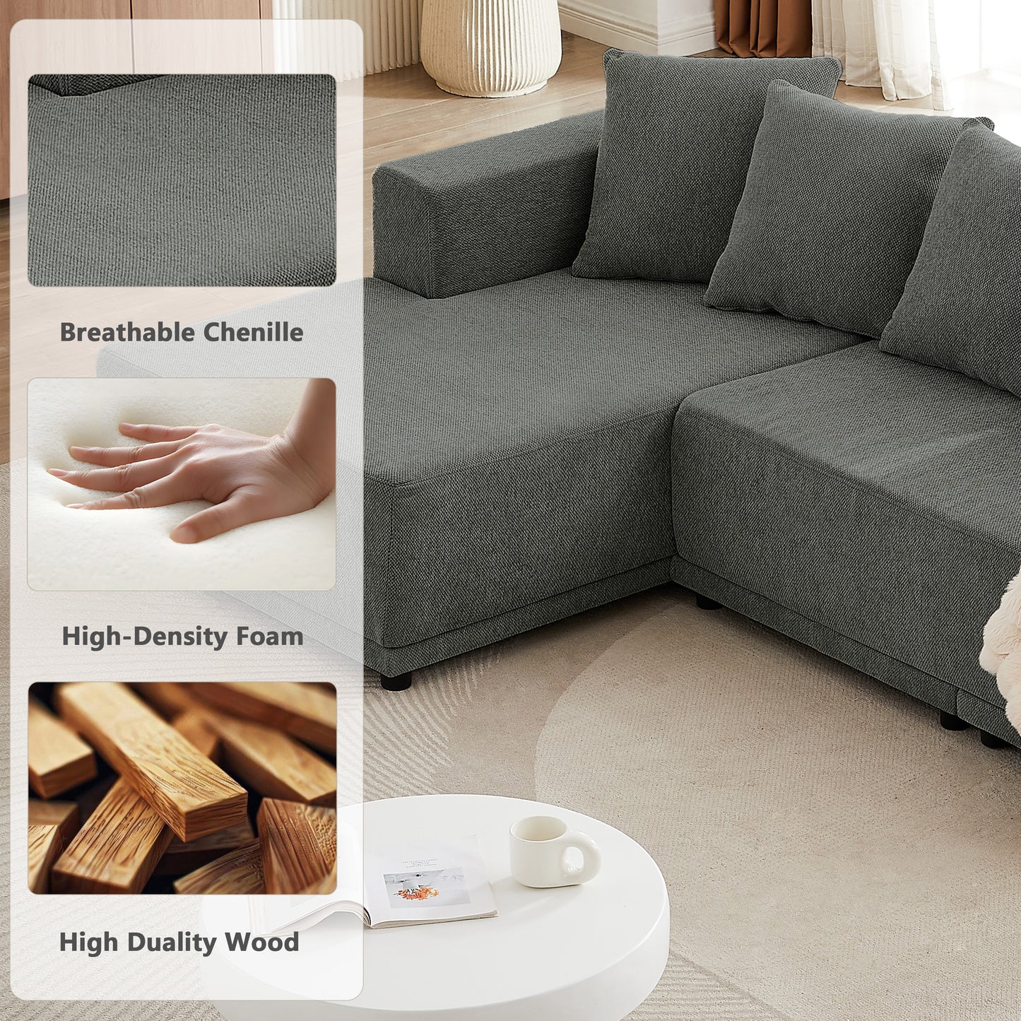 Sectional Modular Sofa Couch Bed PUG258Y: 105" Boneless 5 Seater Sectional Cloud Couch Convertible Modern Sofa Couch Bed for Living Bed Room, Office, Apartment (L - L Shaped Couch, Gray)