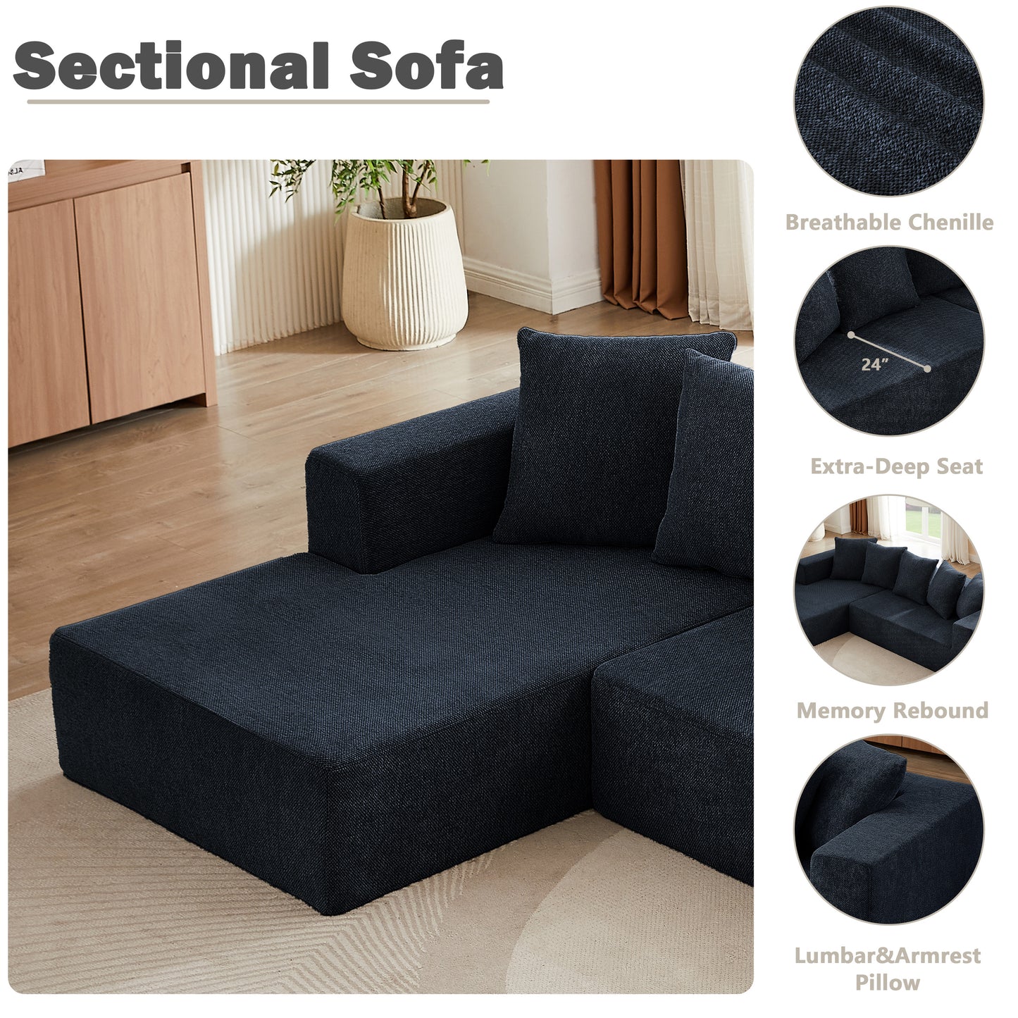 Sectional Modular Sofa Couch Bed PUG258Y: 105" Boneless 5 Seater Sectional Cloud Couch Convertible Modern Sofa Couch Bed for Living Bed Room, Office, Apartment (L - L Shaped Couch, Navy Blue)