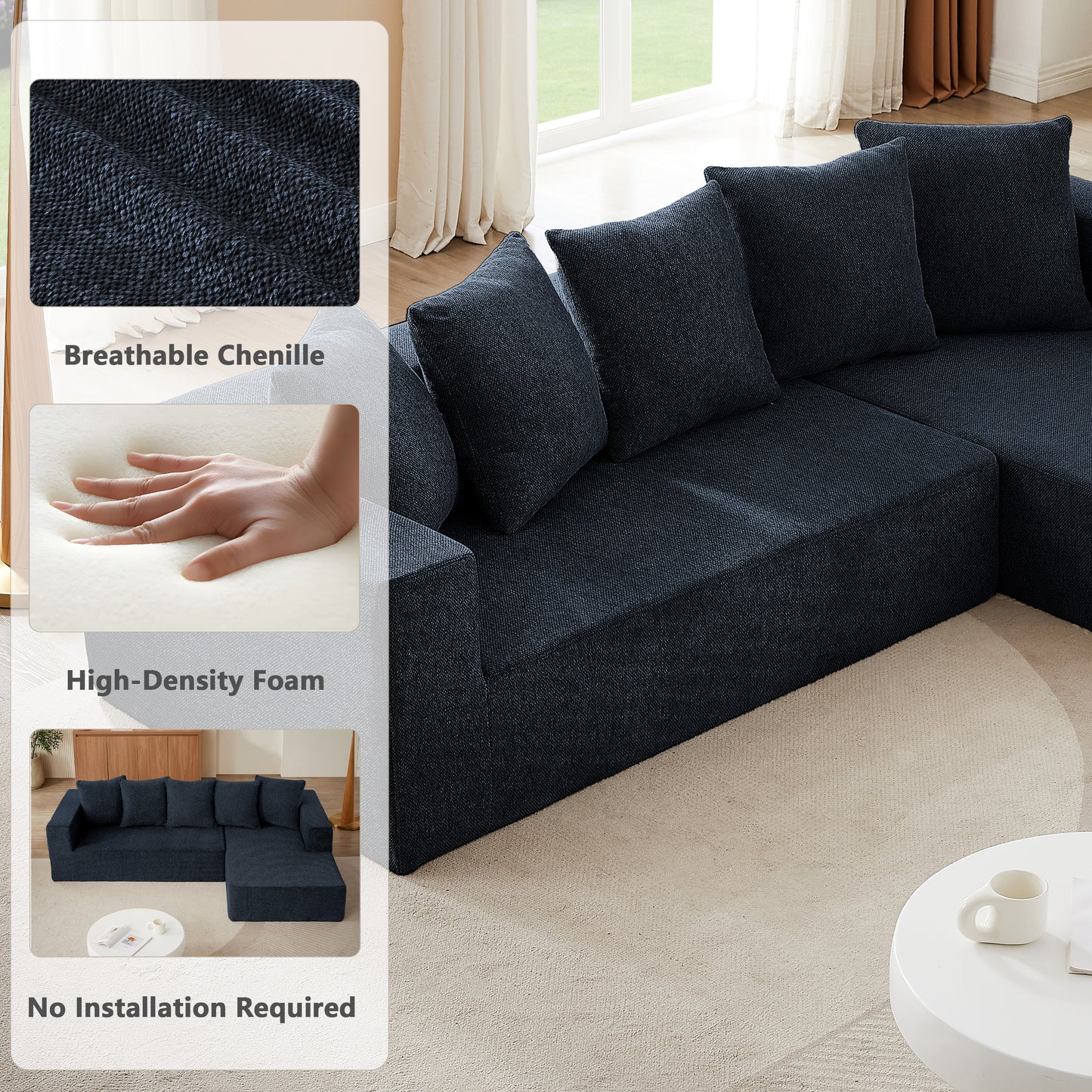 Sectional Modular Sofa Couch Bed PUG258Y: 105" Boneless 5 Seater Sectional Cloud Couch Convertible Modern Sofa Couch Bed for Living Bed Room, Office, Apartment (L - L Shaped Couch, Navy Blue)