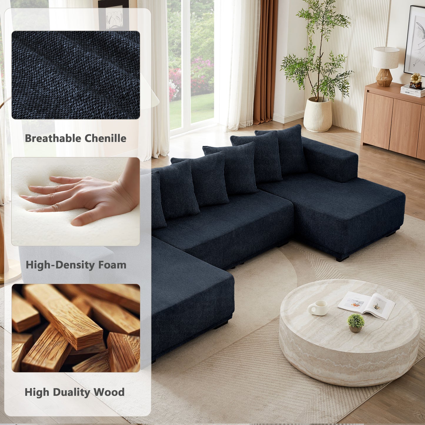 Sectional Modular Sofa Couch Bed PUG258Y: 128" Boneless 6 Seater Sectional Cloud Couch Convertible Modern Sofa Couch Bed for Living Bed Room, Office, Apartment (XL - U Shaped Couch, Navy Blue)