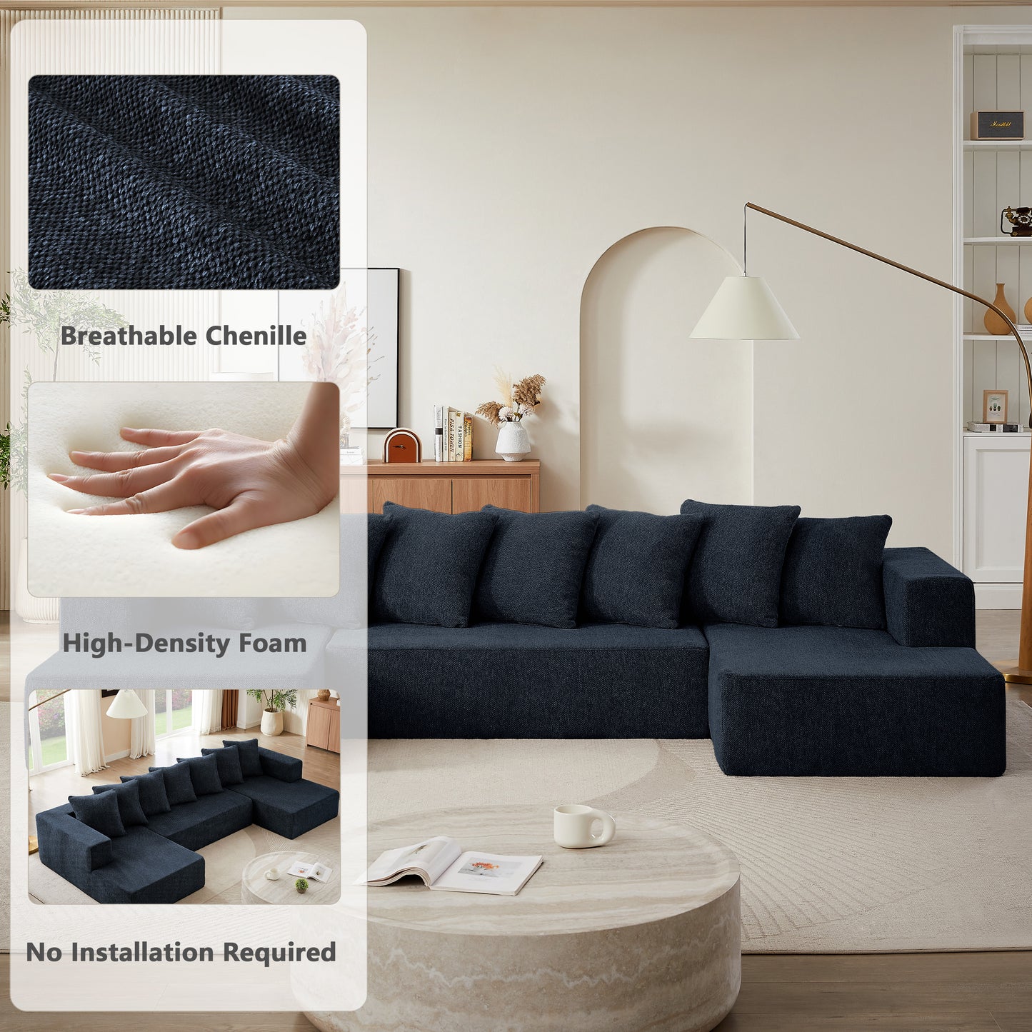 Sectional Modular Sofa Couch Bed PUG258Y: 128" Boneless 6 Seater Sectional Cloud Couch Convertible Modern Sofa Couch Bed for Living Bed Room, Office, Apartment (XL - U Shaped Couch, Navy Blue)