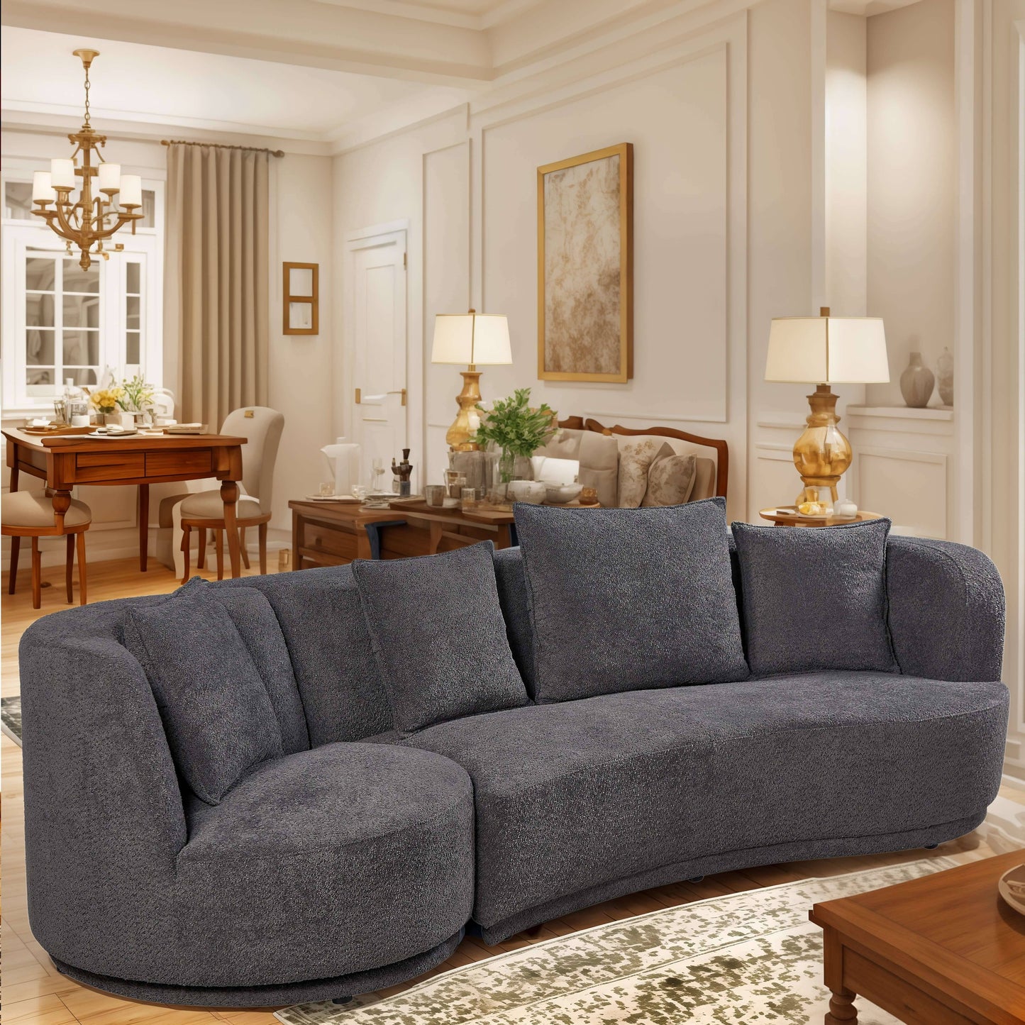 PUG258Y Sectional Sofa Couch with Luxury Teddy Fleece ,3 Seater , Armchair Swivel 360 Degree - Grey