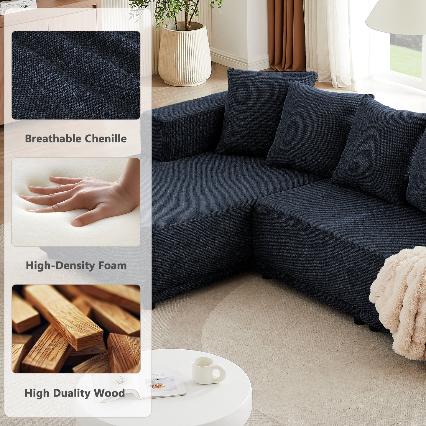 Sectional Modular Sofa Couch Bed PUG258Y: 105" Boneless 5 Seater Sectional Cloud Couch Convertible Modern Sofa Couch Bed for Living Bed Room, Office, Apartment (L - L Shaped Couch, Navy Blue)