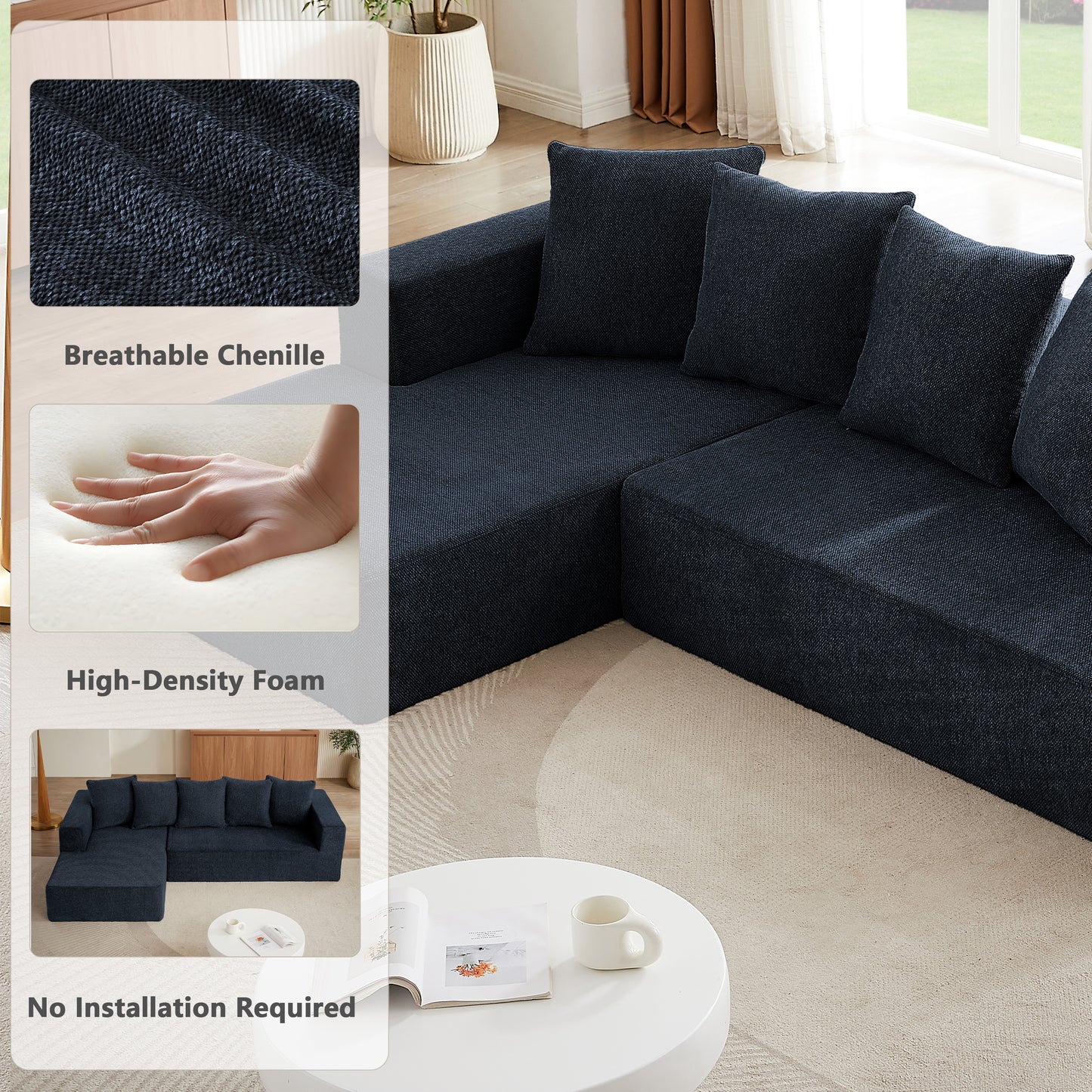 Sectional Modular Sofa Couch Bed PUG258Y: 105" Boneless 5 Seater Sectional Cloud Couch Convertible Modern Sofa Couch Bed for Living Bed Room, Office, Apartment (L - L Shaped Couch, Navy Blue)
