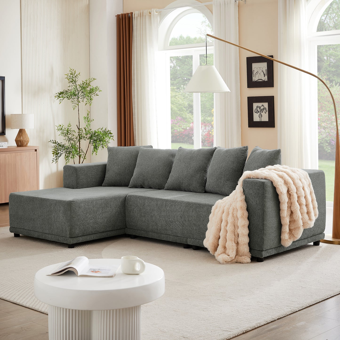 Sectional Modular Sofa Couch Bed PUG258Y: 105" Boneless 5 Seater Sectional Cloud Couch Convertible Modern Sofa Couch Bed for Living Bed Room, Office, Apartment (L - L Shaped Couch, Gray)