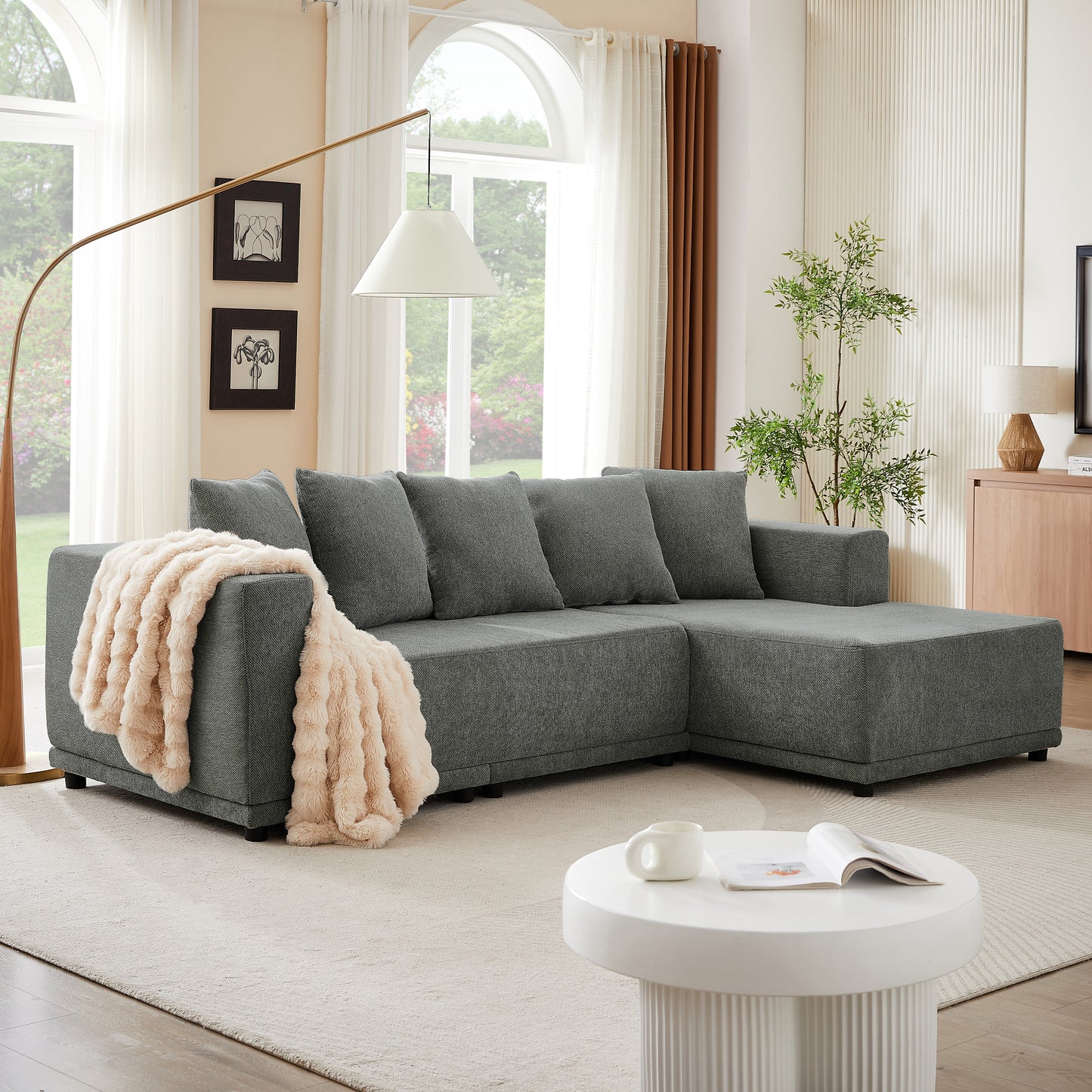 Sectional Modular Sofa Couch Bed PUG258Y: 105" Boneless 5 Seater Sectional Cloud Couch Convertible Modern Sofa Couch Bed for Living Bed Room, Office, Apartment (L - L Shaped Couch, Gray)