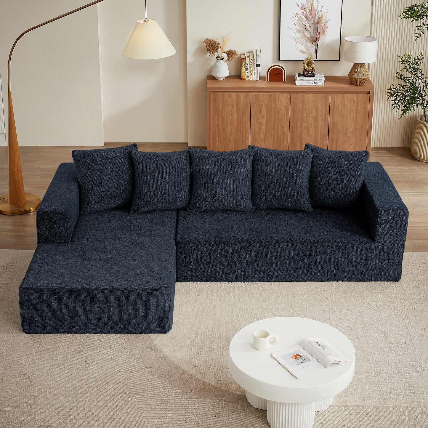 Sectional Modular Sofa Couch Bed PUG258Y: 105" Boneless 5 Seater Sectional Cloud Couch Convertible Modern Sofa Couch Bed for Living Bed Room, Office, Apartment (L - L Shaped Couch, Navy Blue)