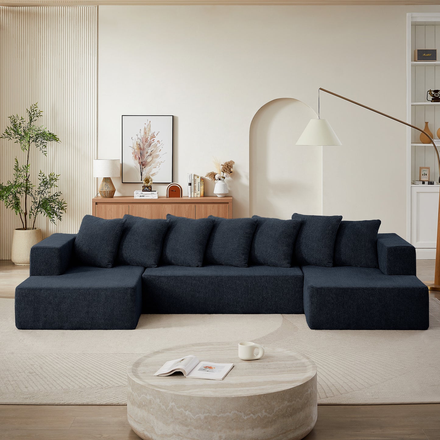 Sectional Modular Sofa Couch Bed PUG258Y: 128" Boneless 6 Seater Sectional Cloud Couch Convertible Modern Sofa Couch Bed for Living Bed Room, Office, Apartment (XL - U Shaped Couch, Navy Blue)