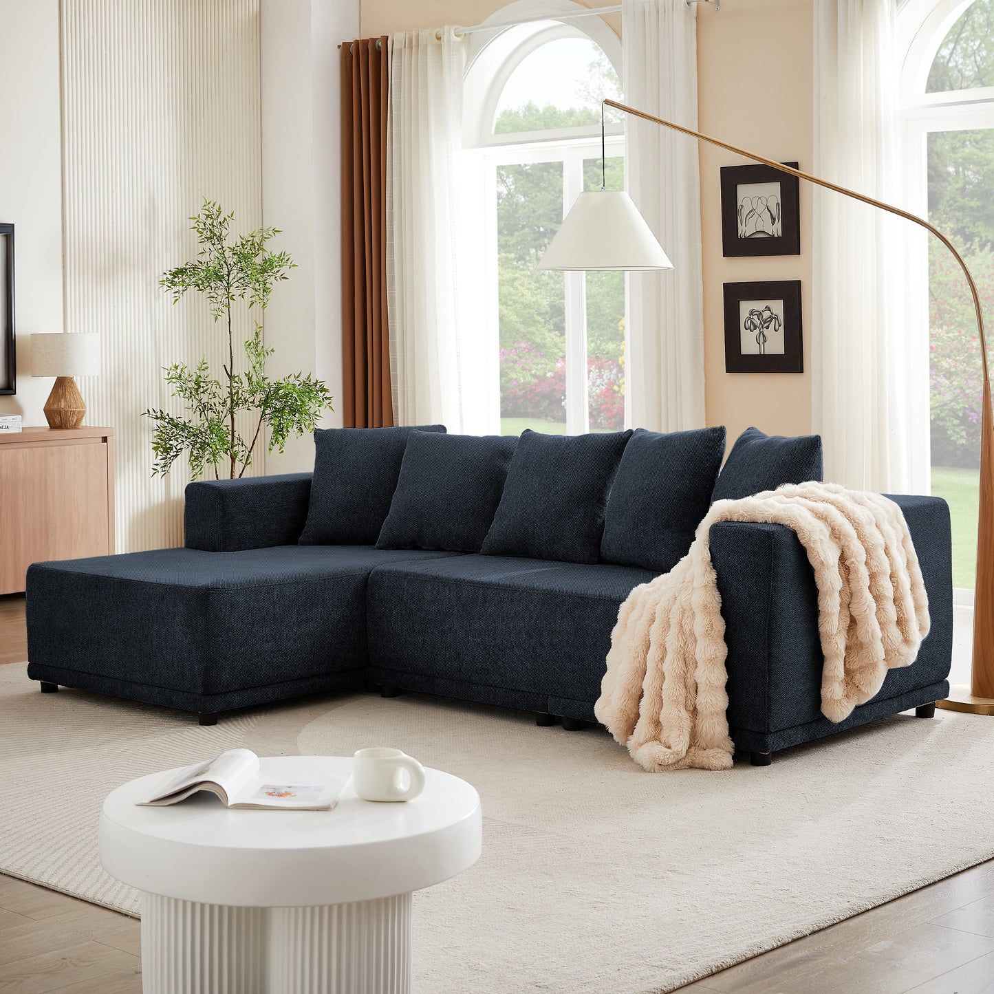 Sectional Modular Sofa Couch Bed PUG258Y: 105" Boneless 5 Seater Sectional Cloud Couch Convertible Modern Sofa Couch Bed for Living Bed Room, Office, Apartment (L - L Shaped Couch, Navy Blue)