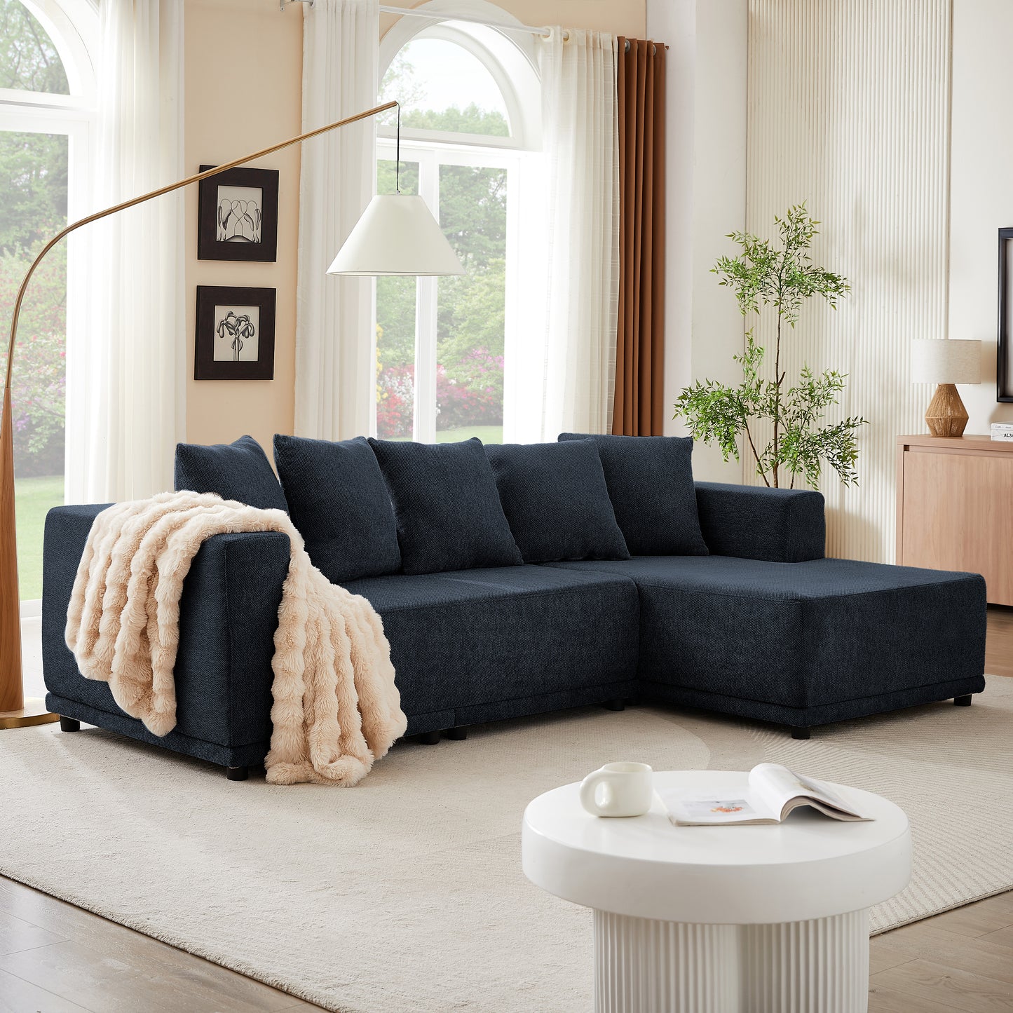 Sectional Modular Sofa Couch Bed PUG258Y: 105" Boneless 5 Seater Sectional Cloud Couch Convertible Modern Sofa Couch Bed for Living Bed Room, Office, Apartment (L - L Shaped Couch, Navy Blue)