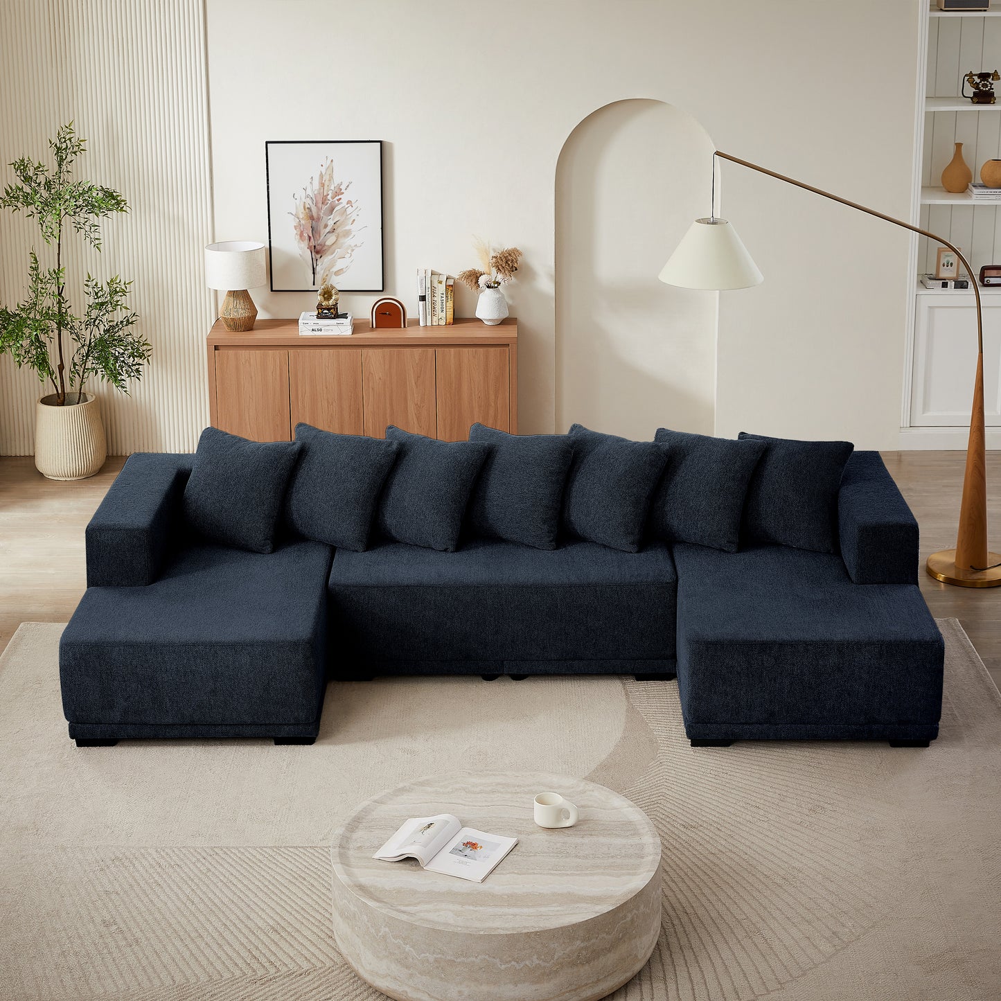Sectional Modular Sofa Couch Bed PUG258Y: 128" Boneless 6 Seater Sectional Cloud Couch Convertible Modern Sofa Couch Bed for Living Bed Room, Office, Apartment (XL - U Shaped Couch, Navy Blue)