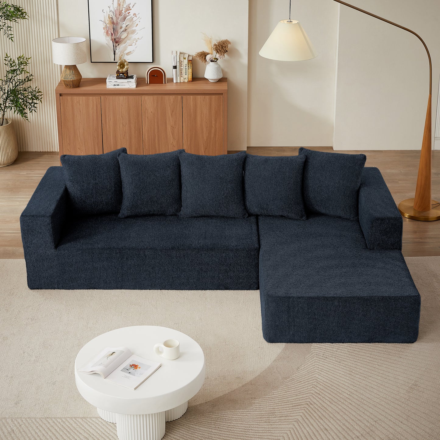 Sectional Modular Sofa Couch Bed PUG258Y: 105" Boneless 5 Seater Sectional Cloud Couch Convertible Modern Sofa Couch Bed for Living Bed Room, Office, Apartment (L - L Shaped Couch, Navy Blue)