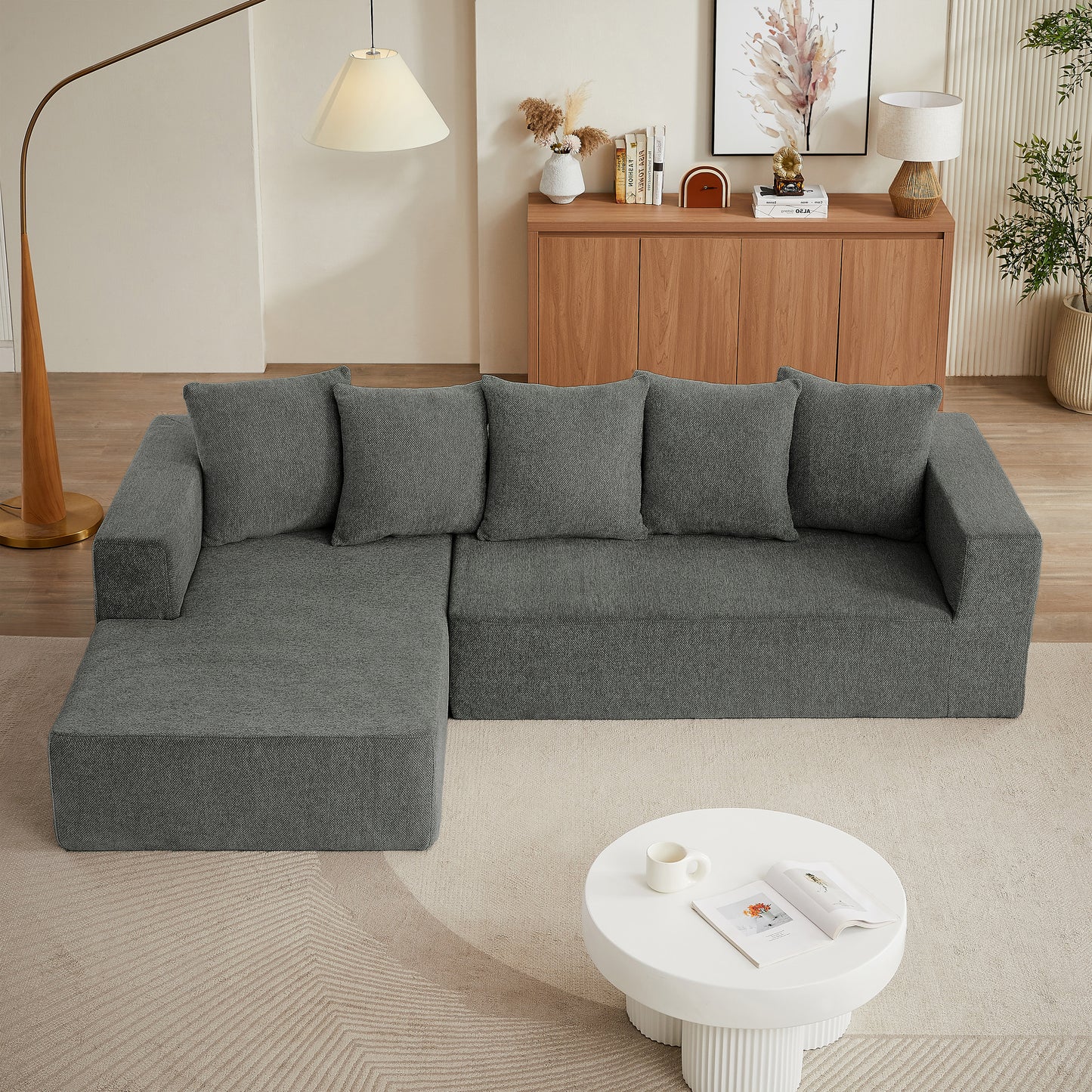 Sectional Modular Sofa Couch Bed PUG258Y: 105" Boneless 5 Seater Sectional Cloud Couch Convertible Modern Sofa Couch Bed for Living Bed Room, Office, Apartment (L - L Shaped Couch, Gray)