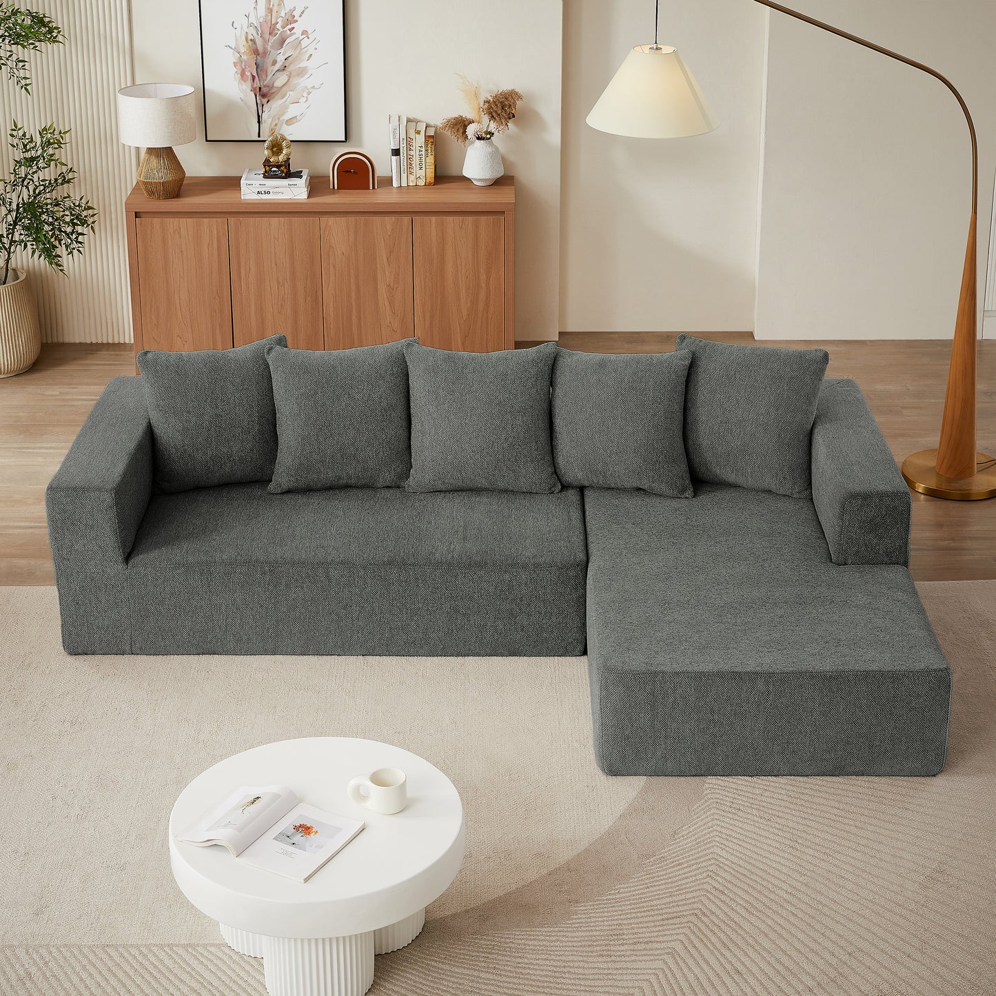Sectional Modular Sofa Couch Bed PUG258Y: 105" Boneless 5 Seater Sectional Cloud Couch Convertible Modern Sofa Couch Bed for Living Bed Room, Office, Apartment (L - L Shaped Couch, Gray)