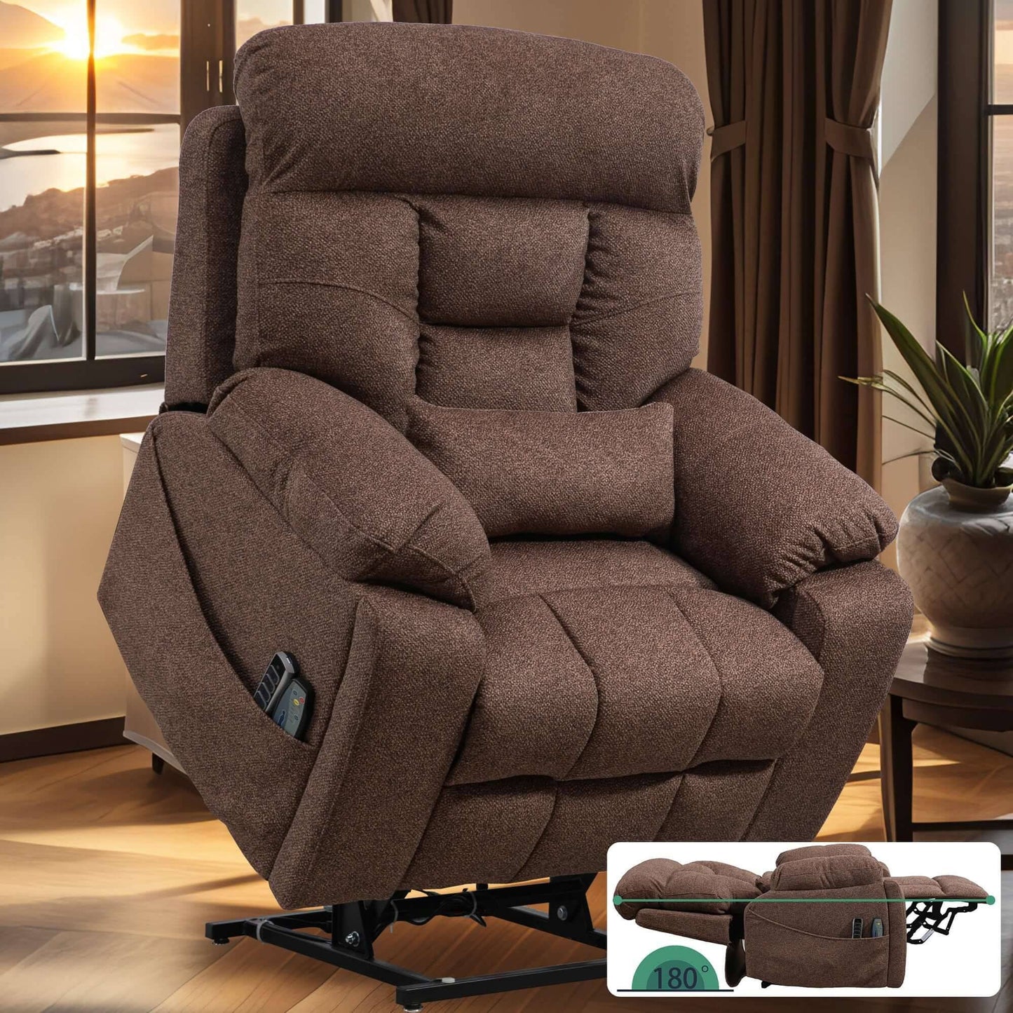 PUG258Y 9689Pro Lay Flat Lift Recliner with Heat&Massage for Seniors, Hidden Cup Holders - Nut Brown