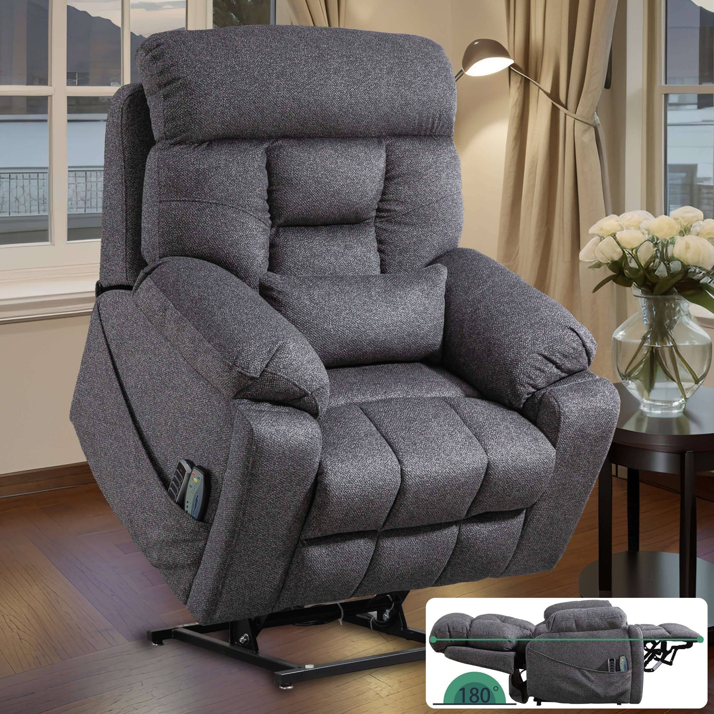 PUG258Y 9689Pro Lay Flat Lift Recliner with Heat&Massage for Seniors, Hidden Cup Holders - Dark Gray