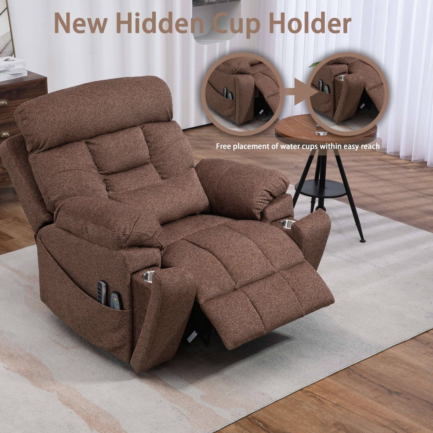 PUG258Y 9689Pro Lay Flat Lift Recliner with Heat&Massage for Seniors, Hidden Cup Holders - Nut Brown
